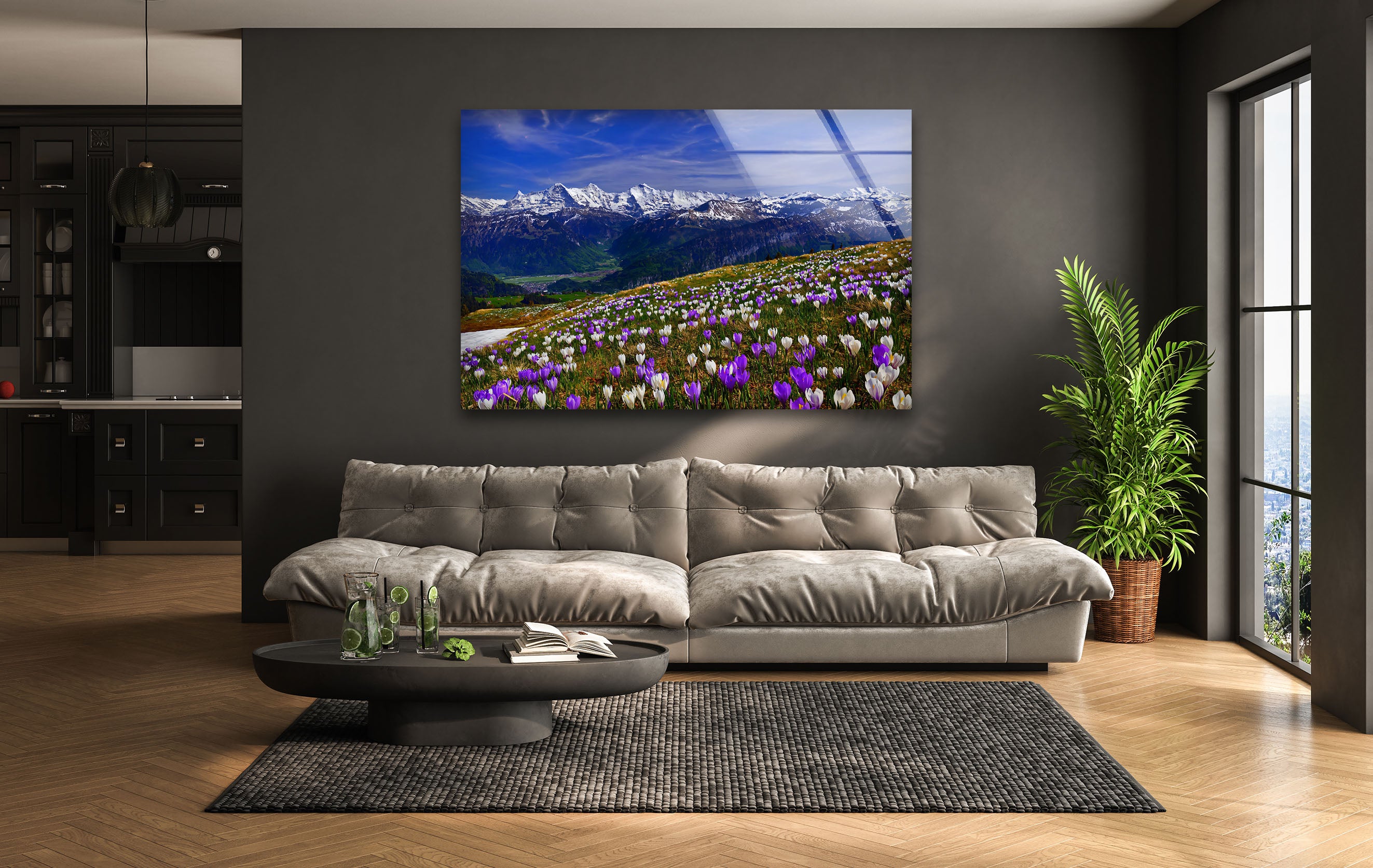 Alpine Meadow Glass Wall Art – Majestic Mountain & Blooming Wildflower Landscape Decor for Living Room, Bedroom & Office – Nature Inspired Home Décor