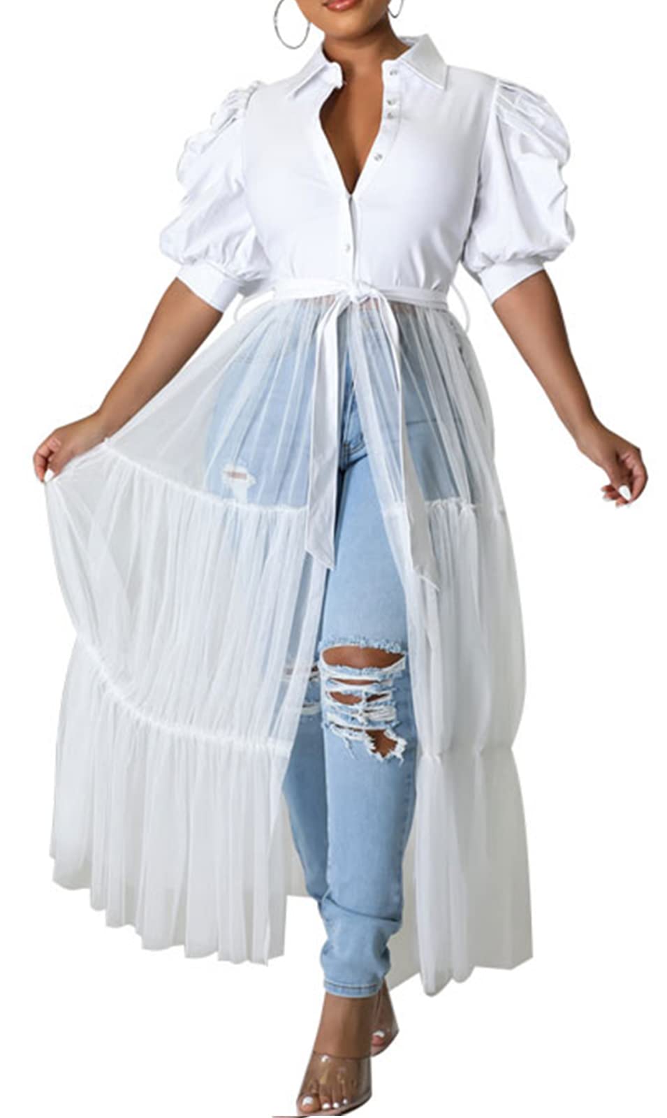 Choichic Women's High Waist Short Sleeve Sheer Mesh Patchwork Maxi Dress with Belt - Elegant Button Down Tunic Top for Summer, Beach, and Casual Outings