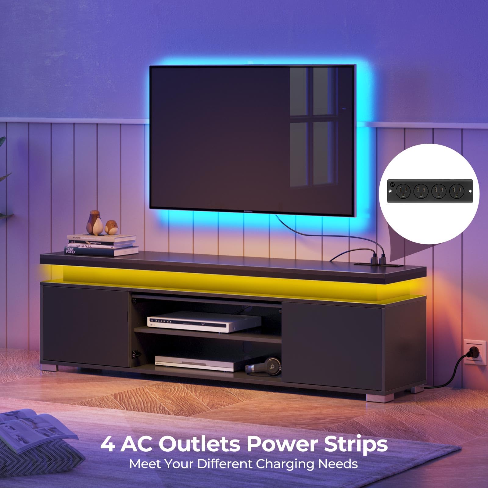 Rolanstar Modern TV Stand with Power Outlet & LED Lights - Universal Entertainment Center for 32-65 Inch TVs, Gaming TV Media Console with Large Storage Cabinet (Black) - Perfect for Living Room, Bedroom & Home Theater Setup