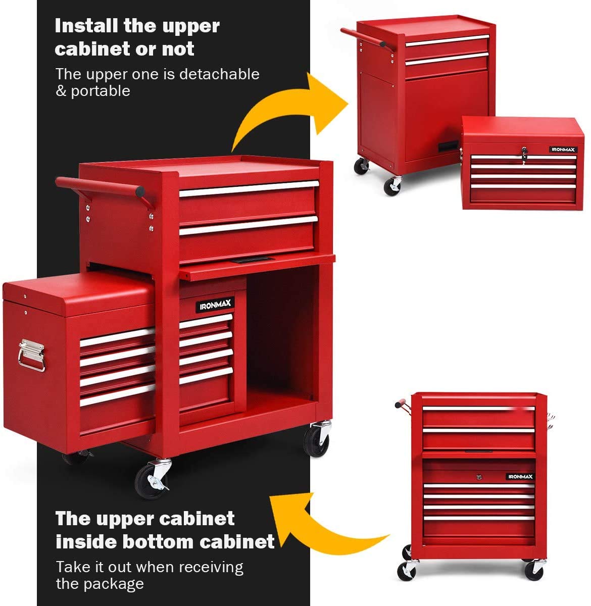 ARLIME 6-Drawer Rolling Tool Chest with Sliding Drawers, Detachable Top Box & Locking System - Heavy Duty Tool Storage Cabinet with Removable Organizer for Garage, Workshop & Warehouse (Red) - Perfect for Mechanics, DIY Enthusiasts & Professional Contractors