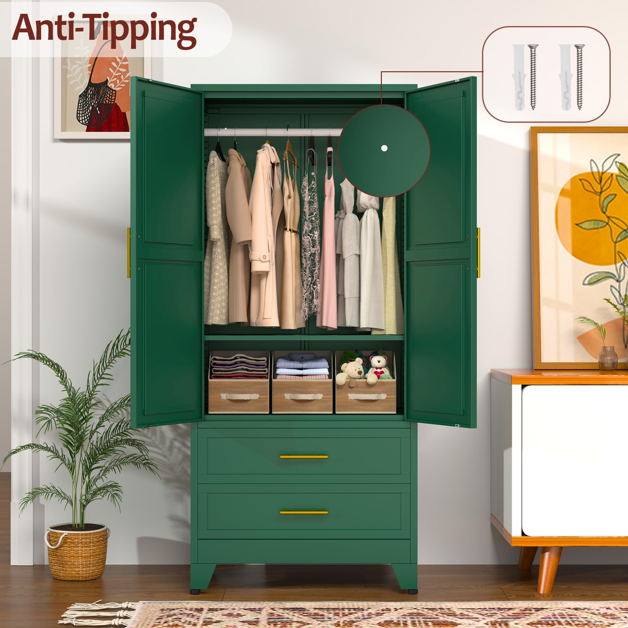 Metal Armoire Wardrobe Closet with 2 Drawers & Hanging Rod - 71