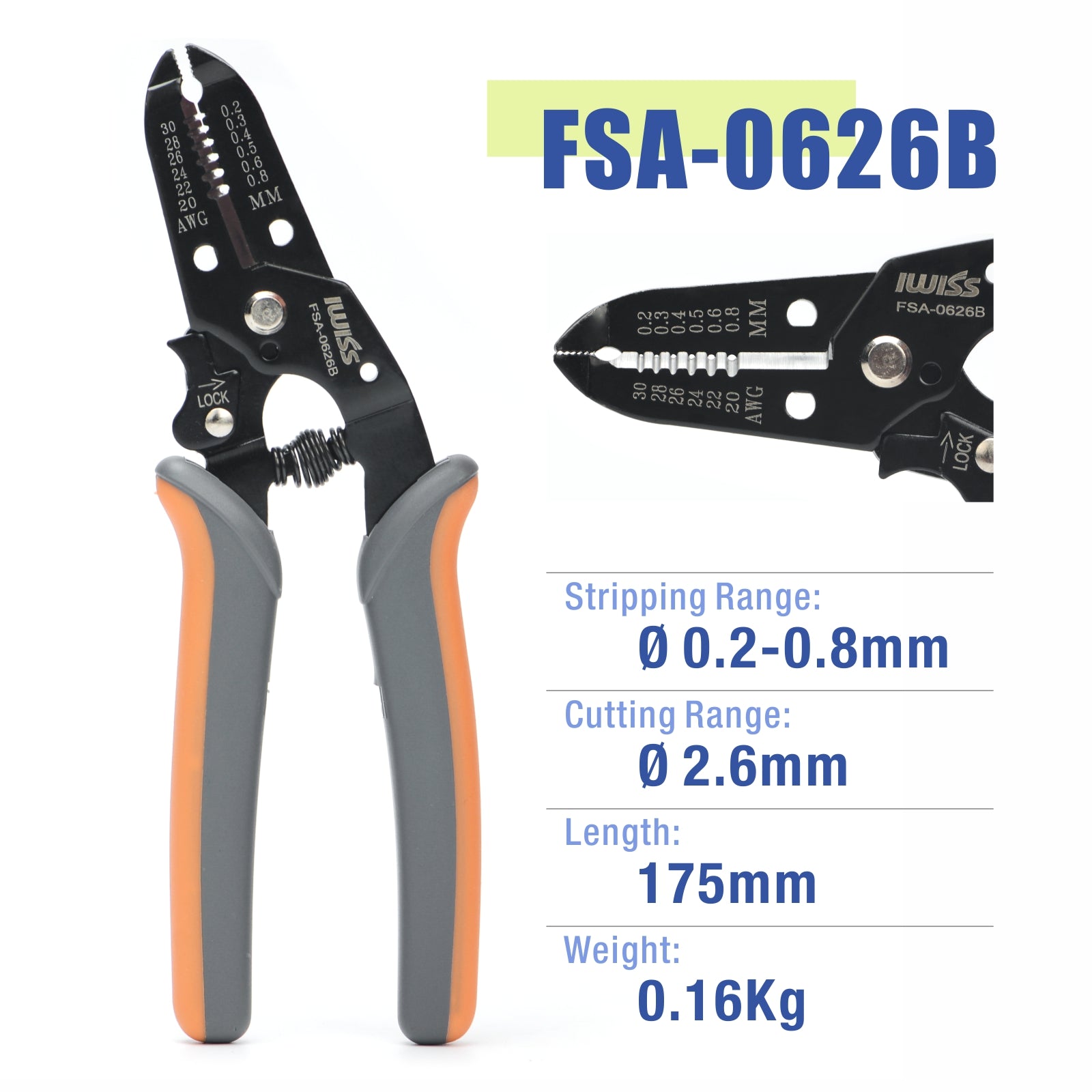 FSA 0626 Automatic Wire Stripper for 0.6-2.6mm (AWG 22-10) Cables with Rebound Spring - Perfect for Electrical Work, DIY Projects, and Home Repairs