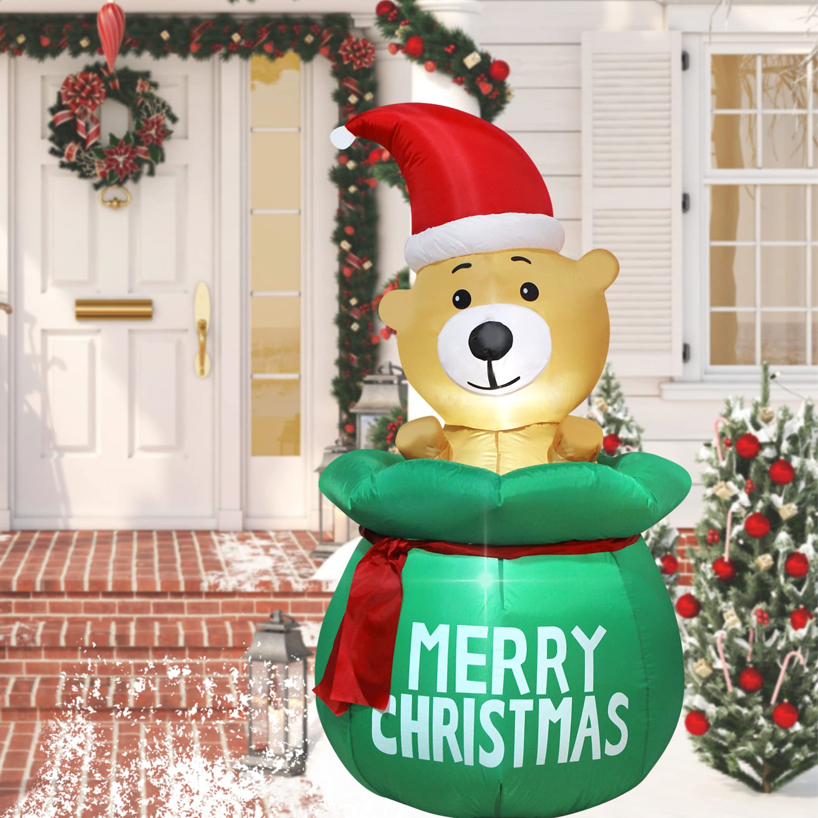 5FT Inflatable Christmas Bear with Santa's Bag - LED Lighted Outdoor Holiday Decoration with Built-in Fan & Anchor Ropes - Perfect for Front Yard, Lawn, Garden, and Christmas Party Decor
