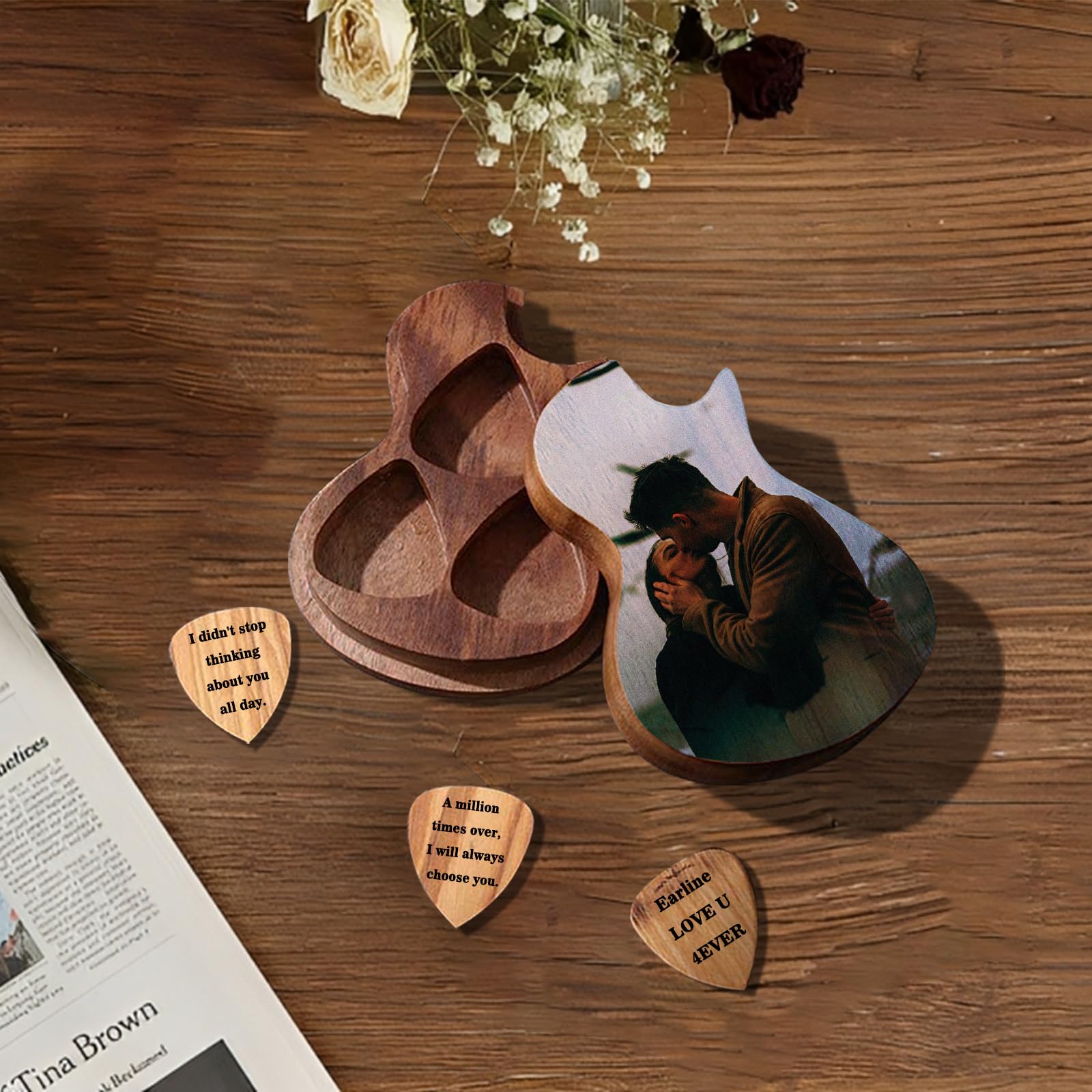Custom Engraved Guitar Picks Set with Wooden Case - Personalized Name/Text Guitar Picks for Musicians - Perfect Christmas, Valentine's Day Gifts for Him, Her, Boyfriend, Son & Friends - Great for Guitar Players, Collectors & Music Lovers