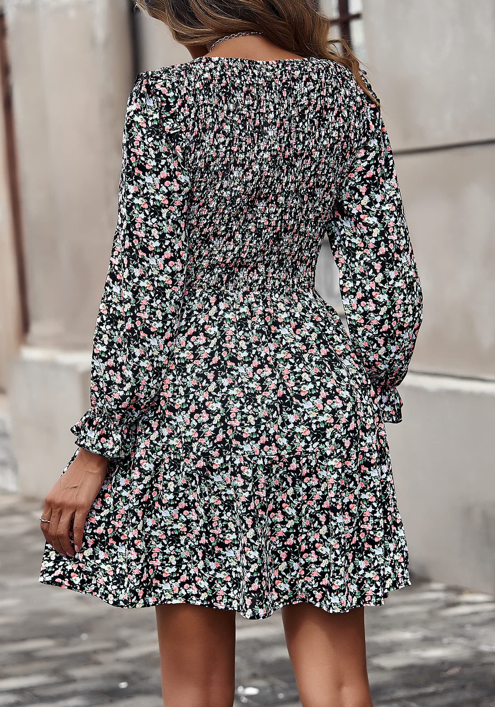 KIRUNDO Women's Floral Smocked Long Sleeve Ruffle A-Line Mini Dress - Spring Summer Party Dress 2025 | Flowy Elegant Outfit for Garden Parties, Date Nights & Special Occasions