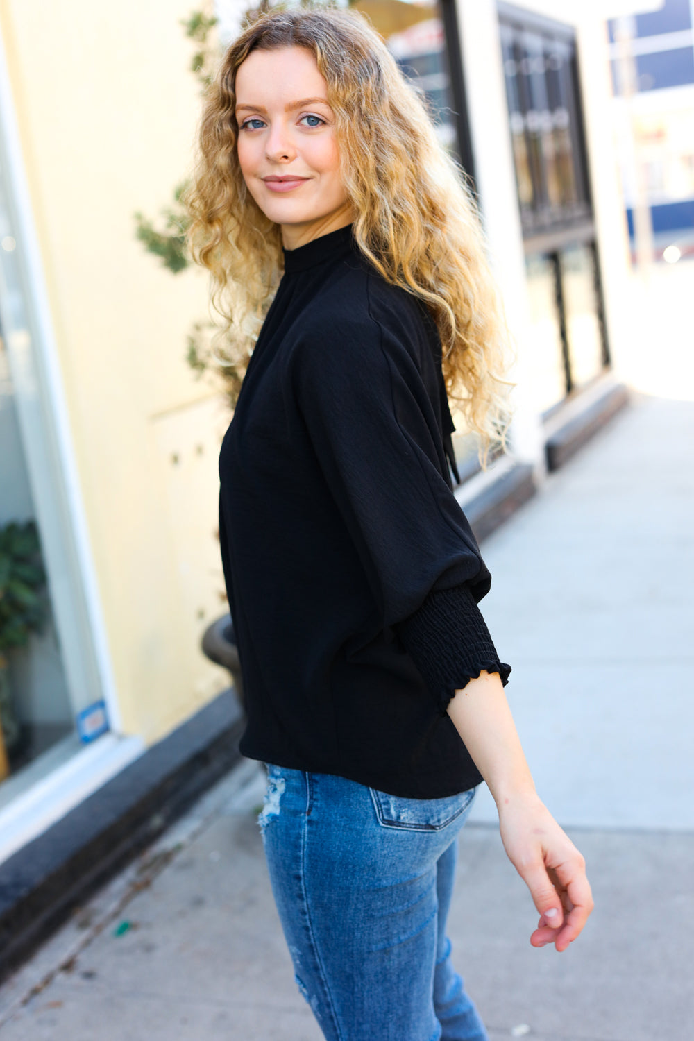 Black Smocked Three-Quarter Sleeve Tie Back Top for Women | Elegant Blouse for Date Night, Brunch & Summer Outfits | Flattering Casual & Dressy Tops