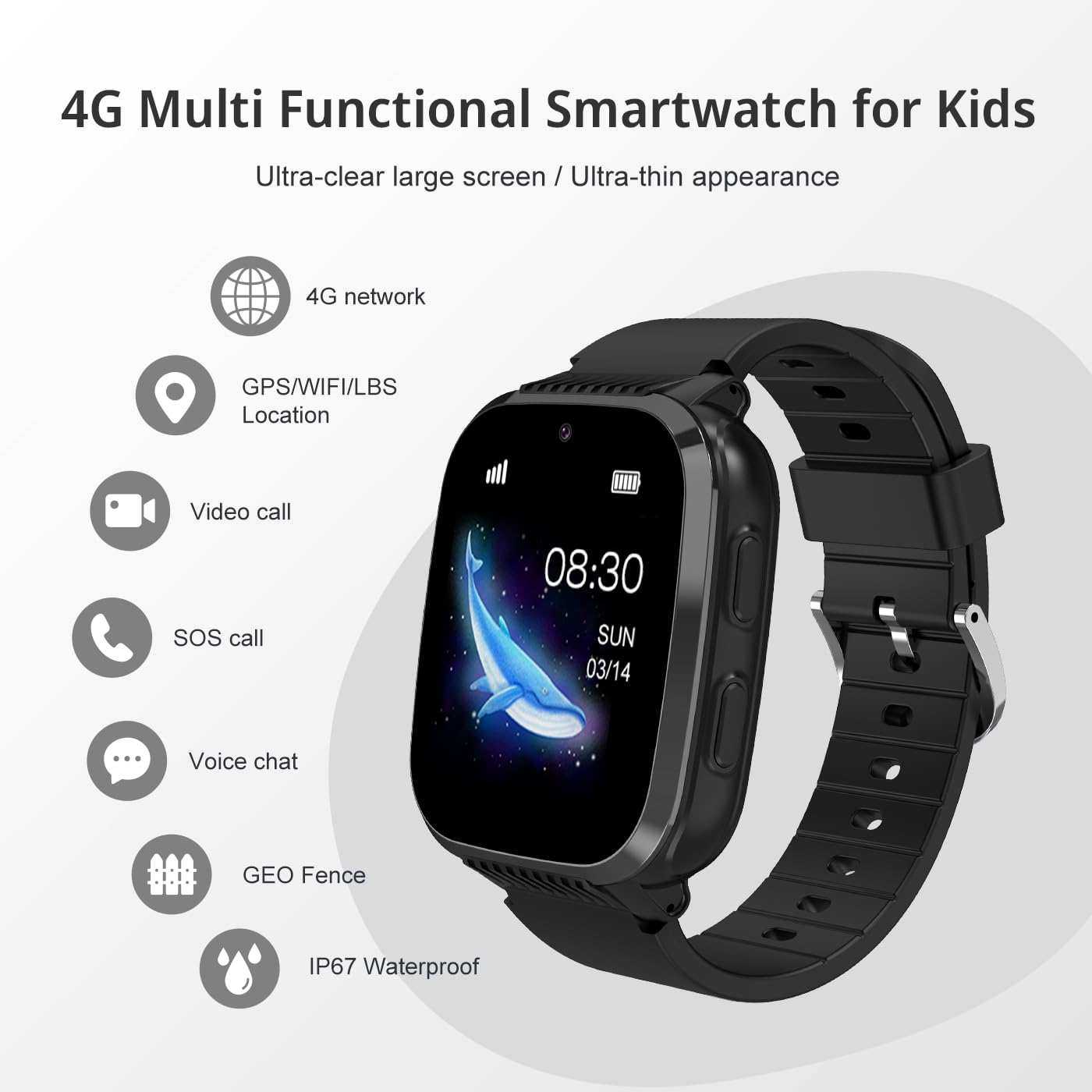 4G Kids Smart Watch for Boys & Girls - GPS Tracker, Voice Chat, Camera, SOS Alarm, Waterproof, Pedometer, Stopwatch, Puzzle Games, Calculator - Perfect for School, Outdoor Play, and Birthday Gifts (Ages 4-12)
