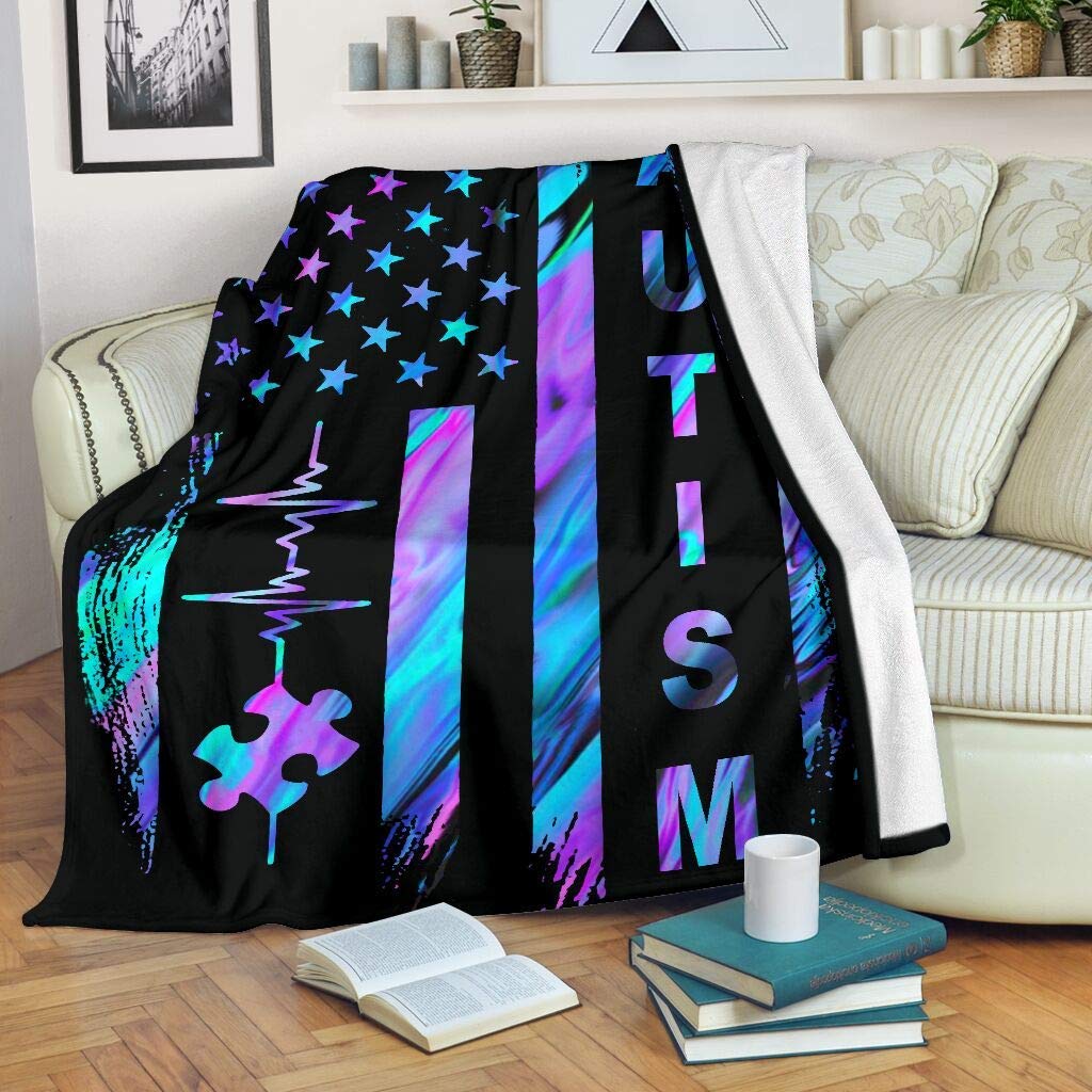 Autism Awareness Blankets - US American Flag Fleece & Sherpa Blankets for Autistic Men, Women & Kids - Inspirational Sensory Gifts for Holidays, Birthdays & Autism Awareness Day - Perfect for Comfort, Therapy & Emotional Support