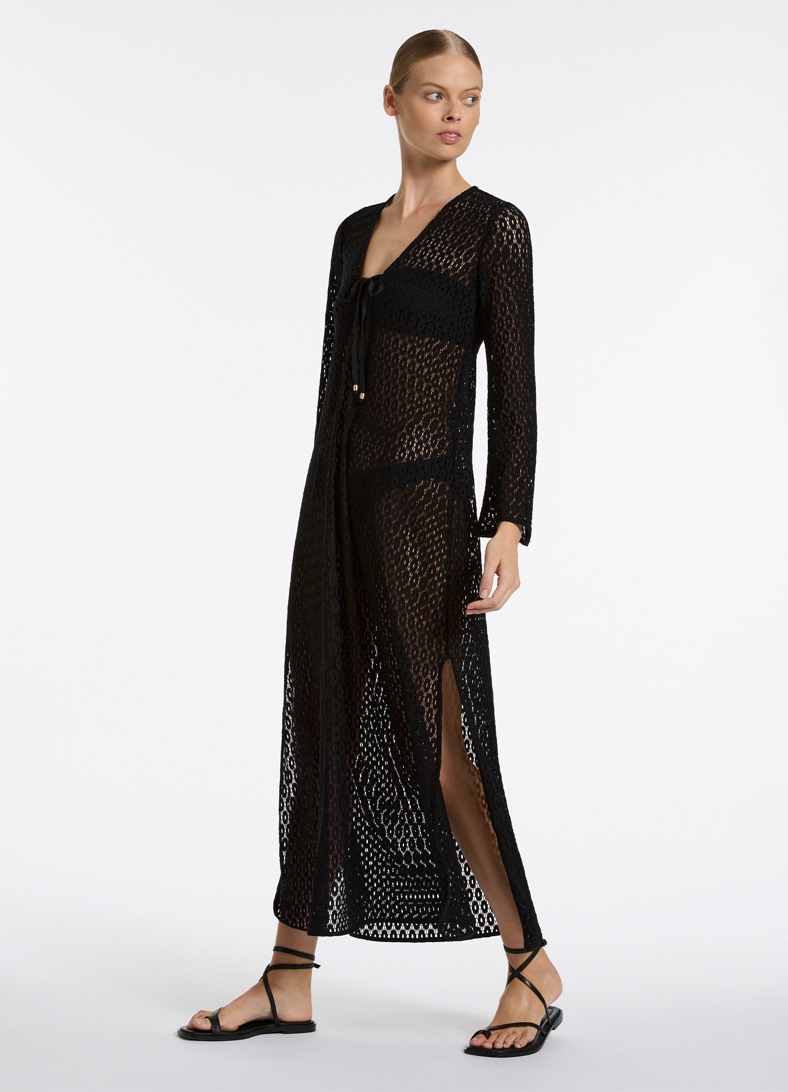 Elegant Black Stretch Lace Maxi Kaftan Dress - Flowy Long Boho Cover Up for Beach, Pool, or Summer Vacation