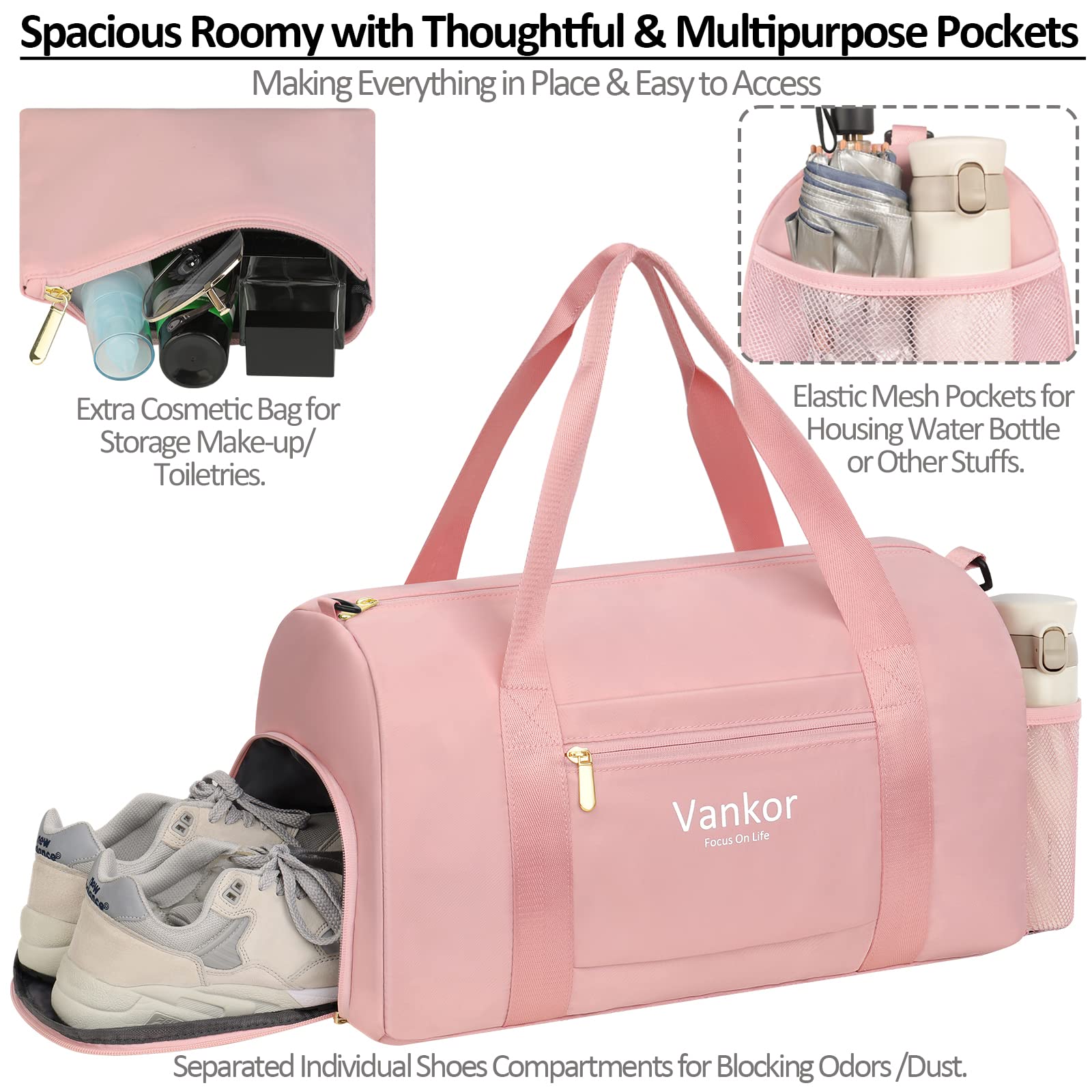 Women's Waterproof Gym Bag with Shoe Compartment - Medium Pink Sports Duffle Bag for Workout, Yoga, Travel & Fitness