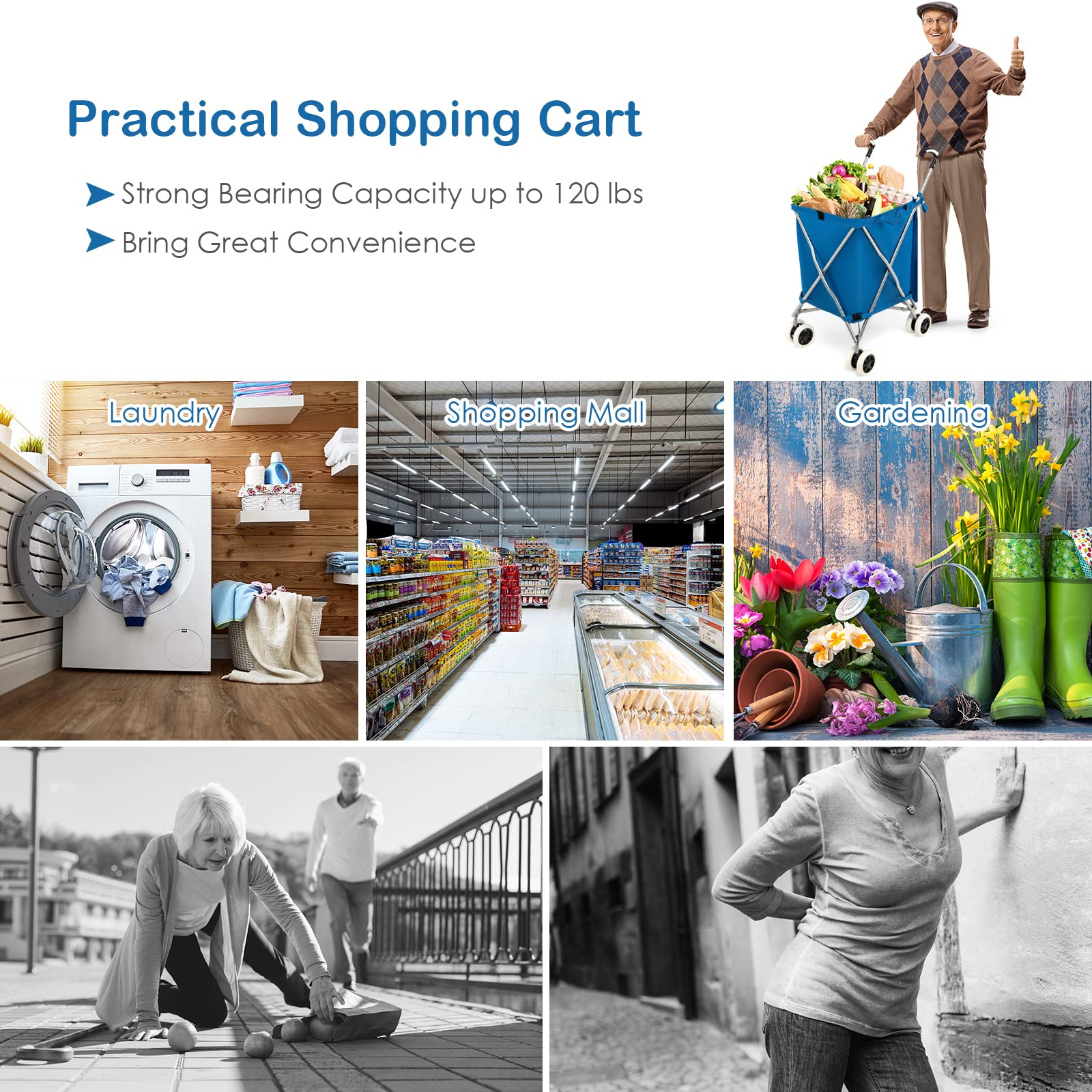 Goplus Foldable Shopping Cart with Wheels - Lightweight Grocery Utility Cart with Removable Oxford Cloth Liner for Supermarket, Laundry & Home Use (Blue)