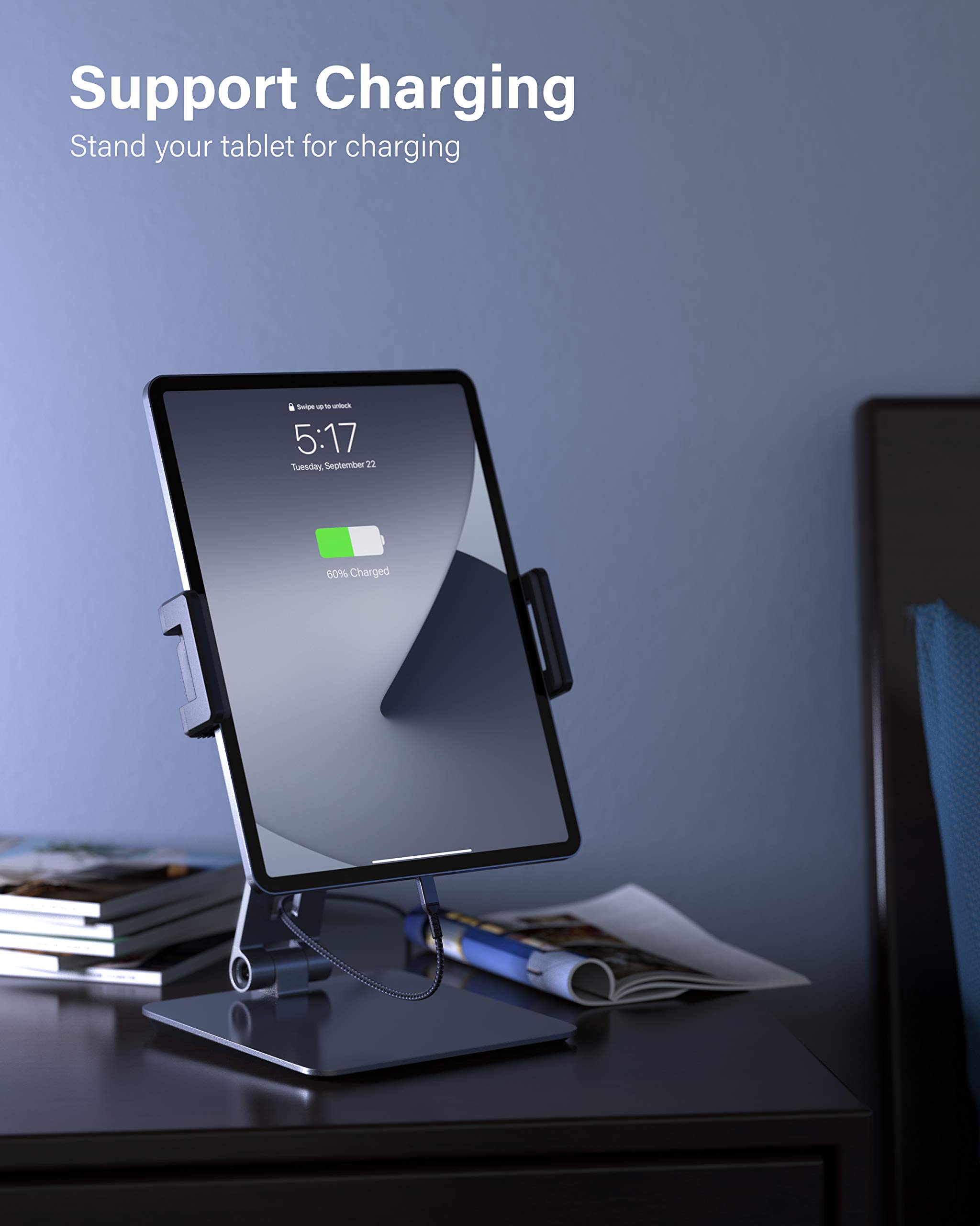 Maxonar Heavy-Duty Aluminum Alloy 360° Swivel Foldable iPad Stand Holder for iPad Pro/Air (6-13 Inch) - Adjustable Tablet Stand for Desk, Bed, Kitchen, Office, Store POS & Reception - Space Grey - Perfect for Work, Study, Video Calls & Digital Displays