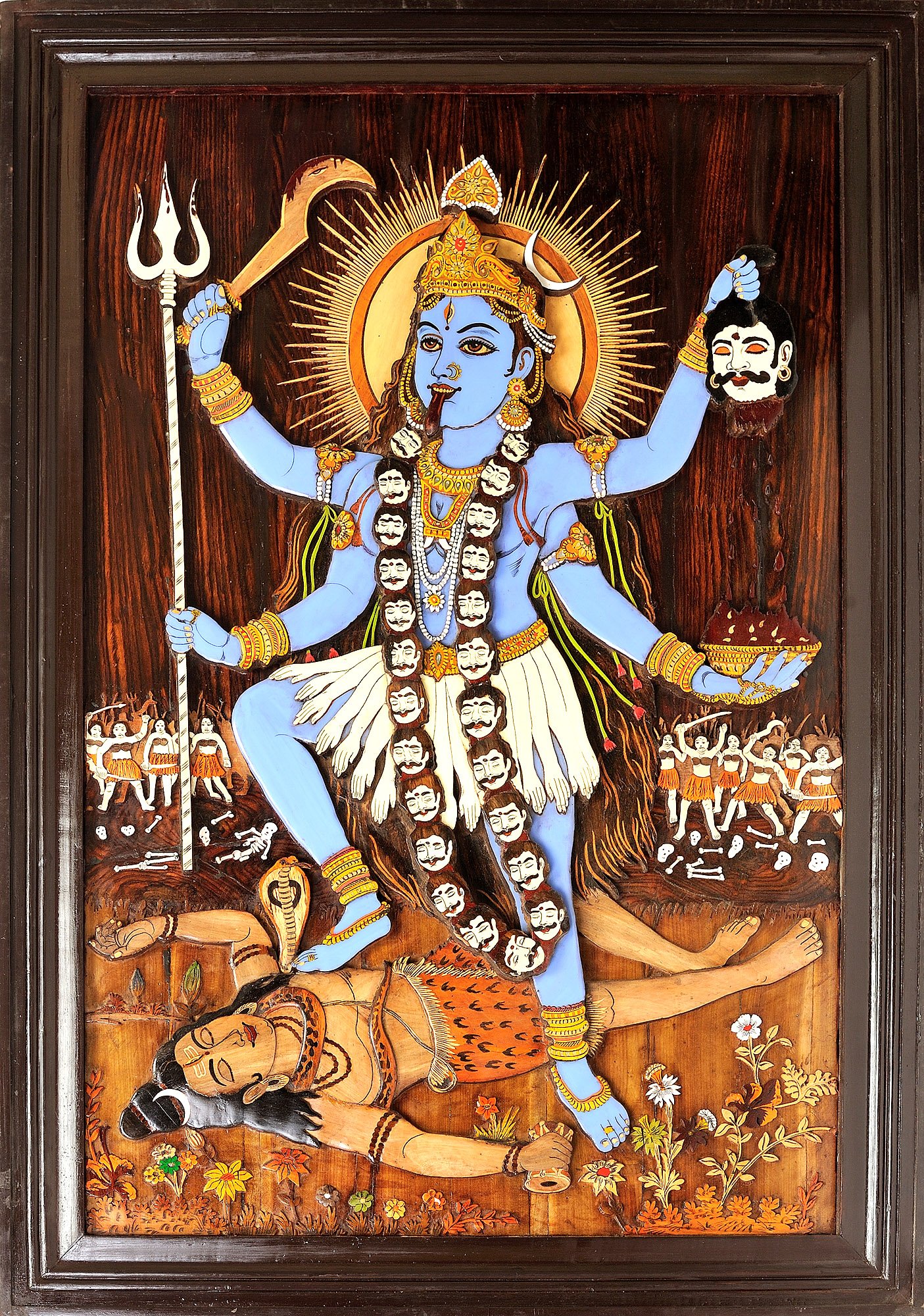 Handcrafted Goddess Kali Framed Wall Art - Embossed & Inlay Rosewood Decor from Mysore | Hindu Spiritual Home Decor, Meditation Room, Yoga Studio, Temple Altar