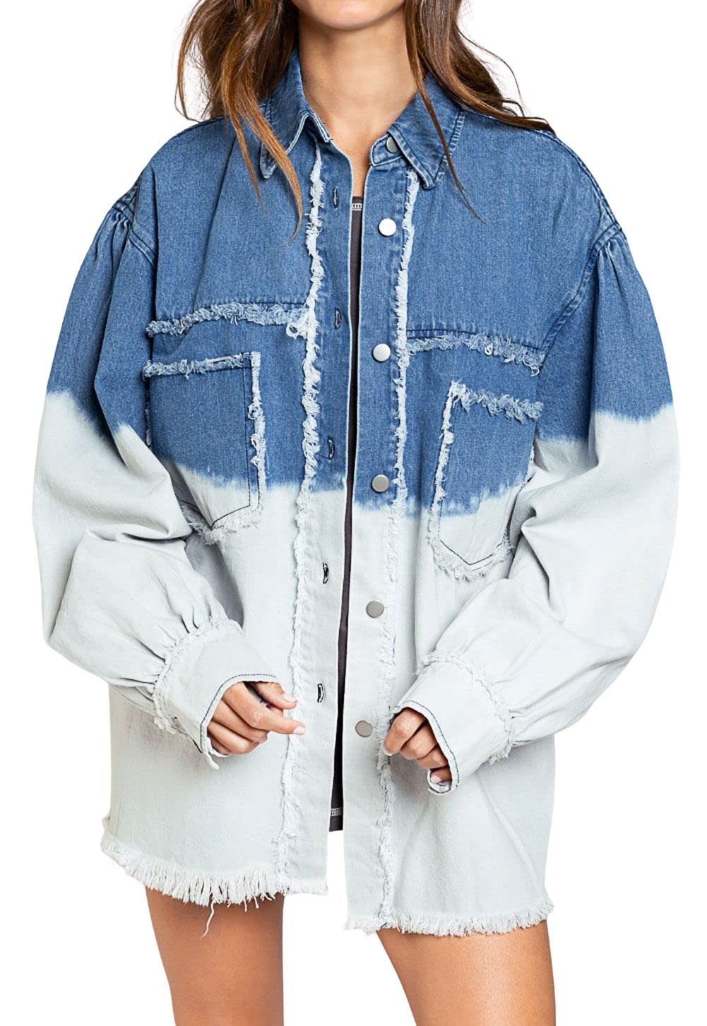 Loveimgs Women's Loose Gradient Button Down Shirt Jacket - Distressed Frayed Shacket for Casual Outfits & Layering | Perfect for Streetwear, Office Wear & Weekend Outings