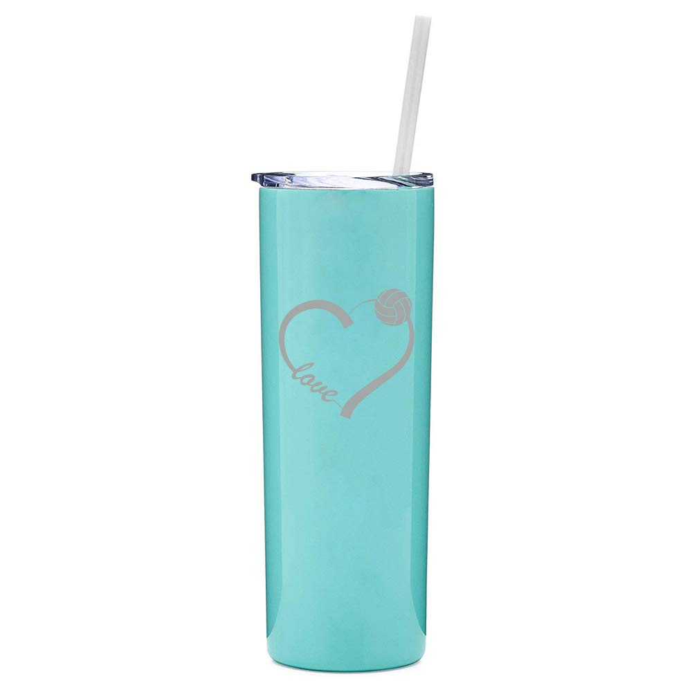 20 oz Skinny Tall Stainless Steel Vacuum Insulated Tumbler with Straw - Double Wall Insulated Travel Mug for Hot & Cold Drinks - Cute Love Heart Volleyball Design (Light Blue) - Perfect for Coffee, Tea, Gym, Office & Outdoor Activities