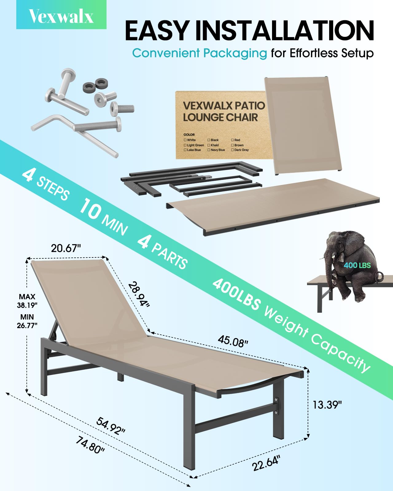 5-Position Reclining Aluminum Chaise Lounge Chair - Outdoor Poolside Patio Furniture for Backyard, Deck & Lawn - Durable Khaki Sunbathing Chair for Relaxation by the Pool, Beach or Garden