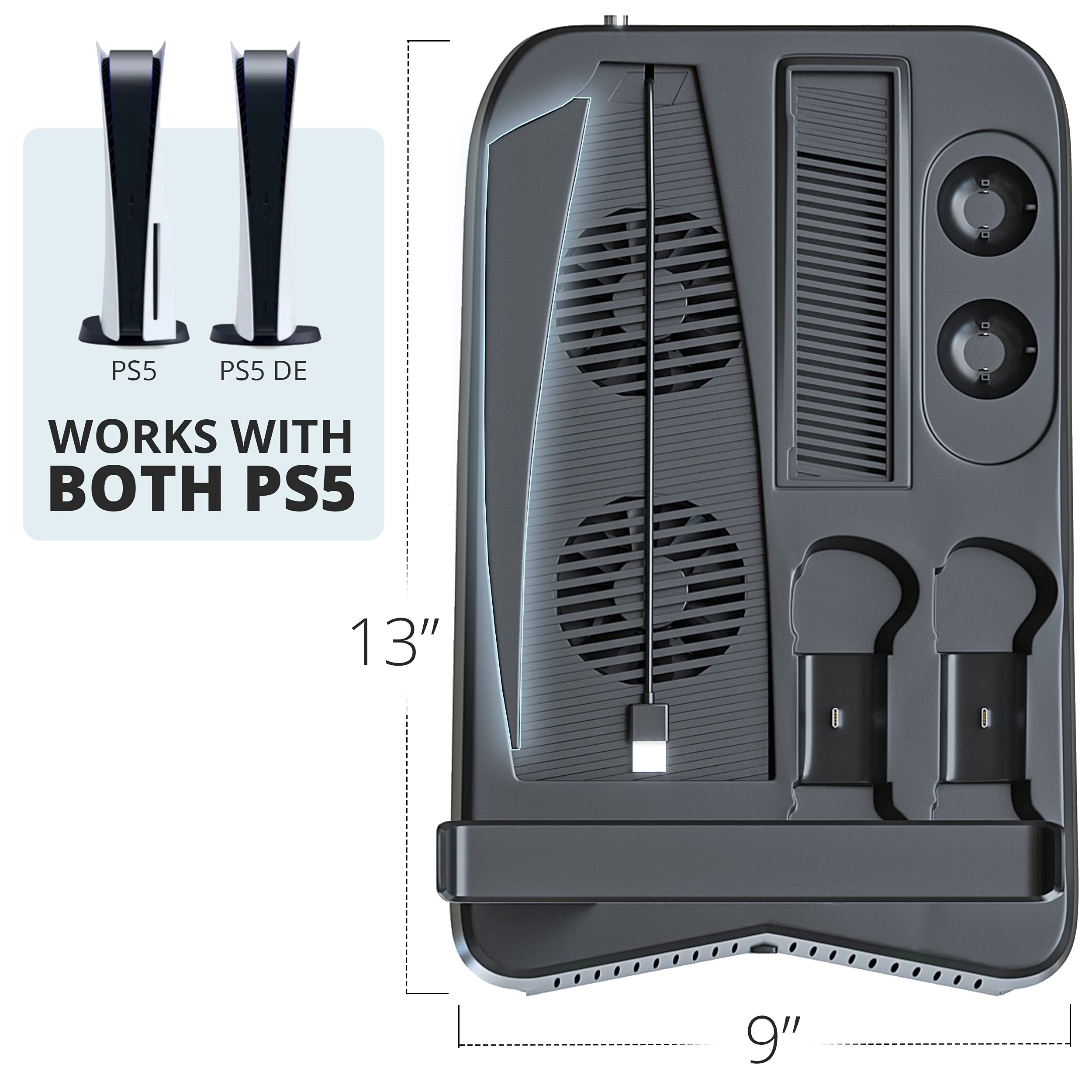 Skywin PSVR Charging Station & Display Stand for Playstation 5 - Dual Controller Charger Dock with Cooling Fan & Headset Holder - Perfect for Gaming Setup & VR Accessories Organization (Compatible with PS5 & PSVR) - Ideal for Living Room Entertainment & Gaming Room Decor