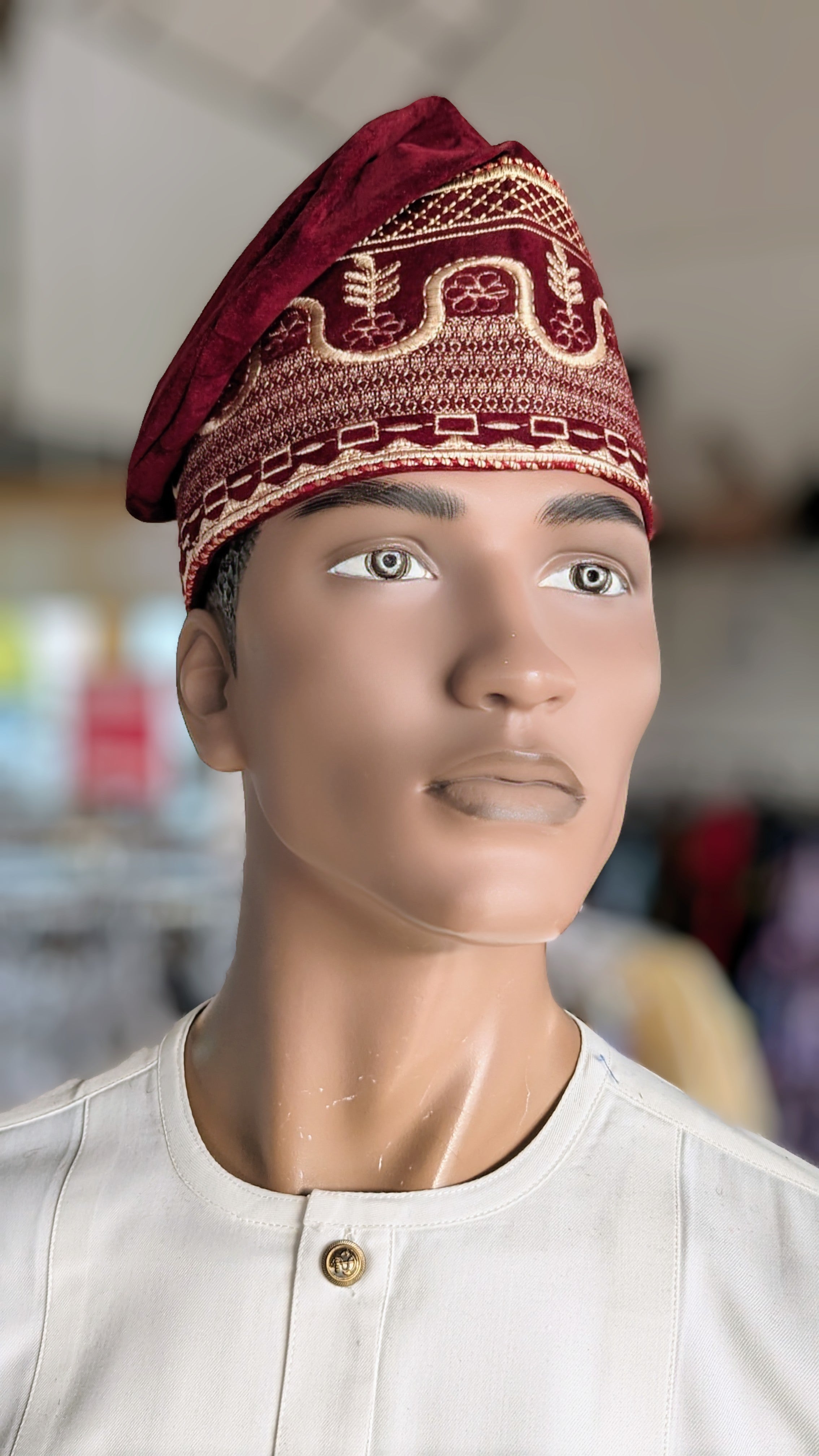 Stylish Burgundy Velvet Kufi Hat with Beige & Gold Embroidery - Traditional Islamic Cap for Men - Perfect for Eid, Weddings & Special Occasions