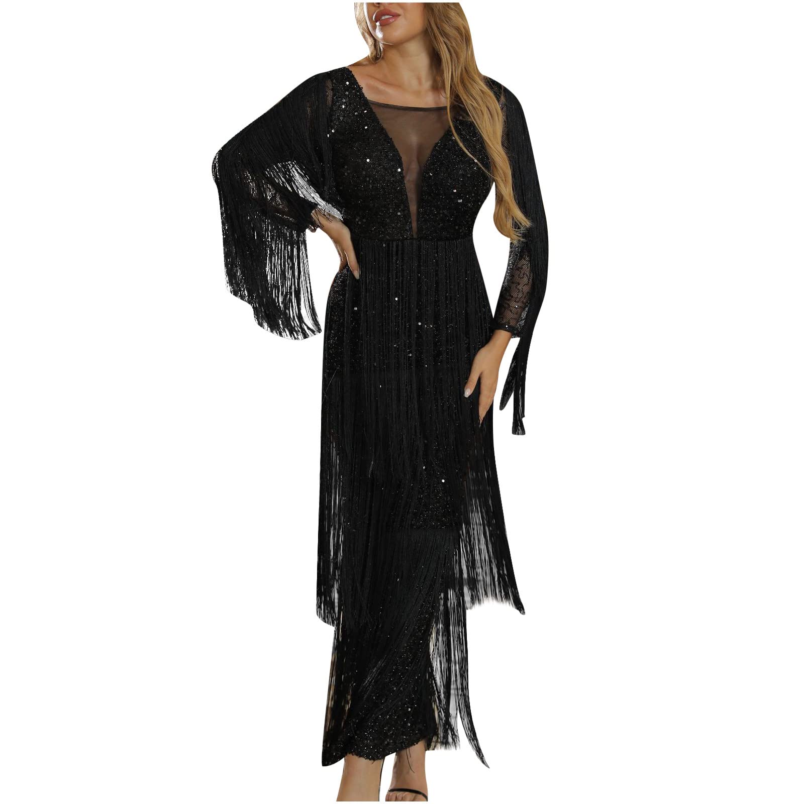 Elegant Midi Dress for Women - Sexy Deep V-Neck Sequin Tassel Long Sleeve Bodycon Dress, Perfect for Cocktail Parties, Date Nights & Evening Events