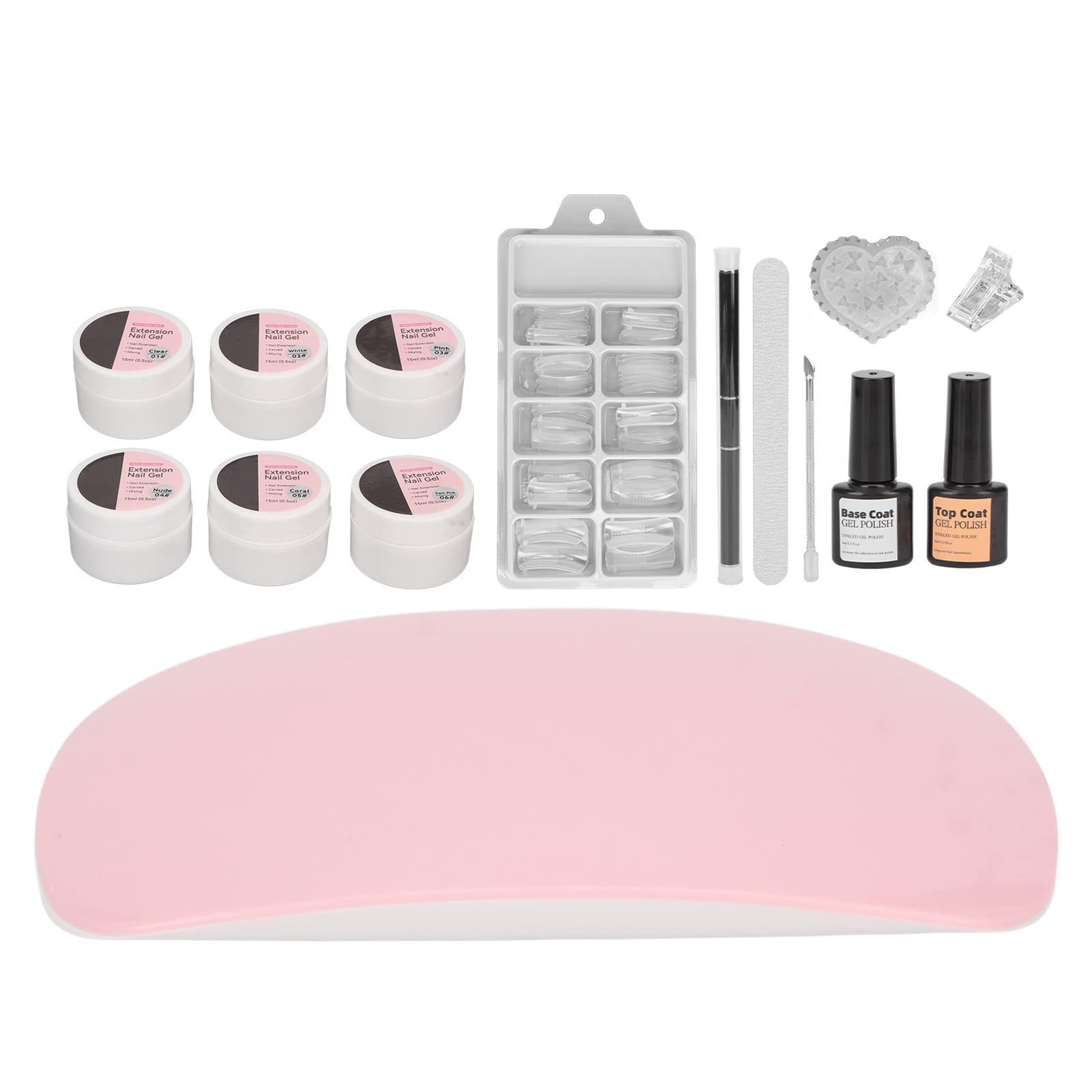 Professional UV LED Nail Gel Polish Kit with Curing Lamp - Base Coat, Top Coat, Extension Glue, Steel Pusher & Nail Tips - Complete Manicure Set for Salon & Home Use