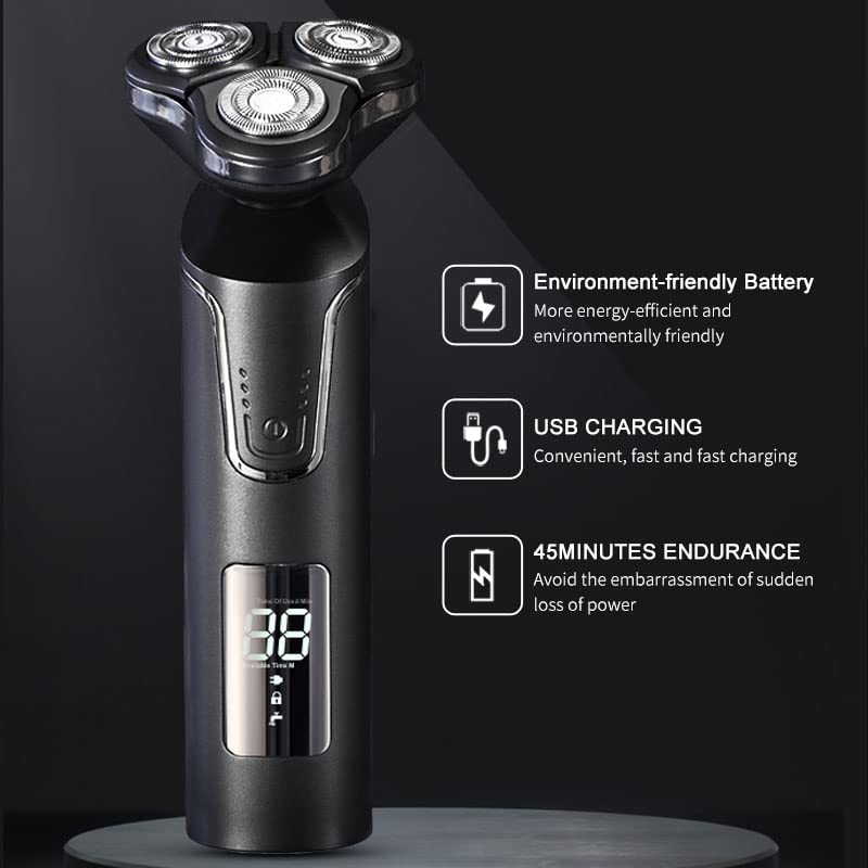 Premium Electric Razor for Men - 3D Rotary Shaver with Digital Display, 3 Blades, Interchangeable Heads & Waterproof Design - Full Body Grooming Kit for Face, Head & Body Shaving - Perfect for Travel, Home & Gym Use