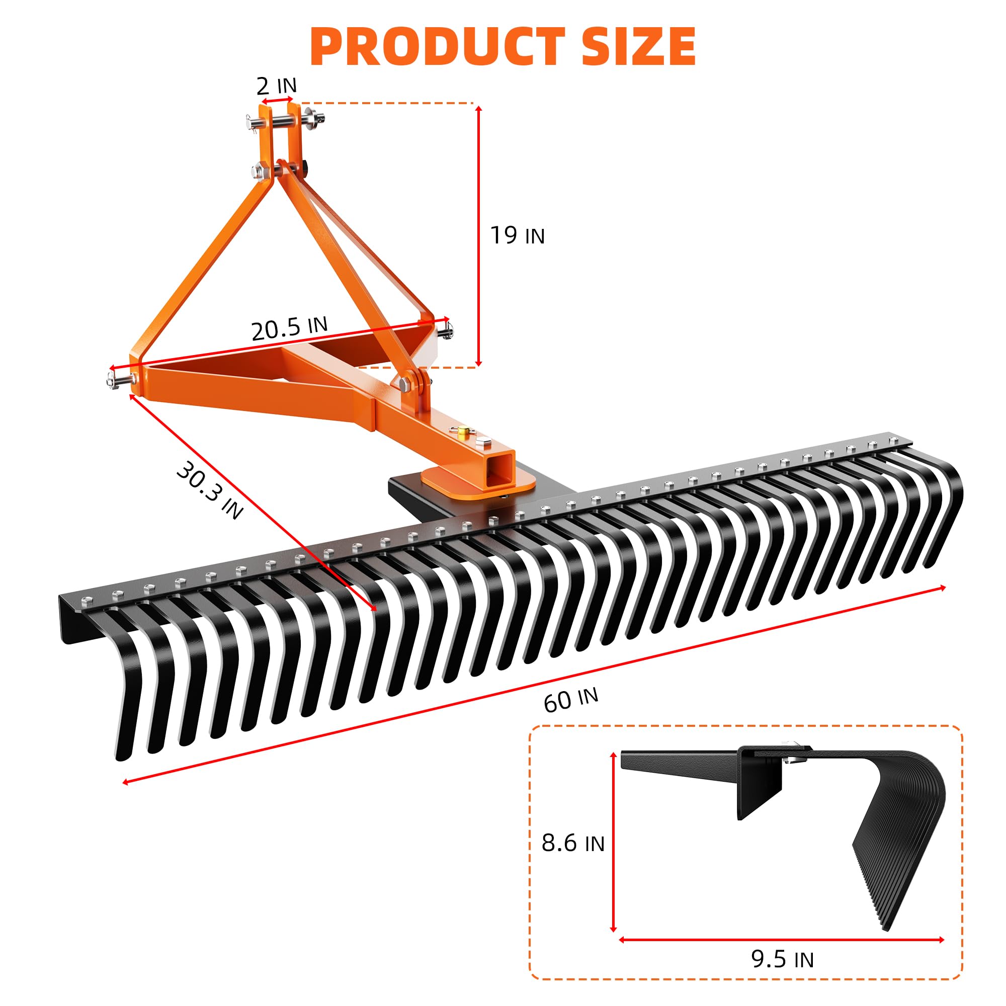 GARVEE 3 Point 5FT Landscape Rake - 60