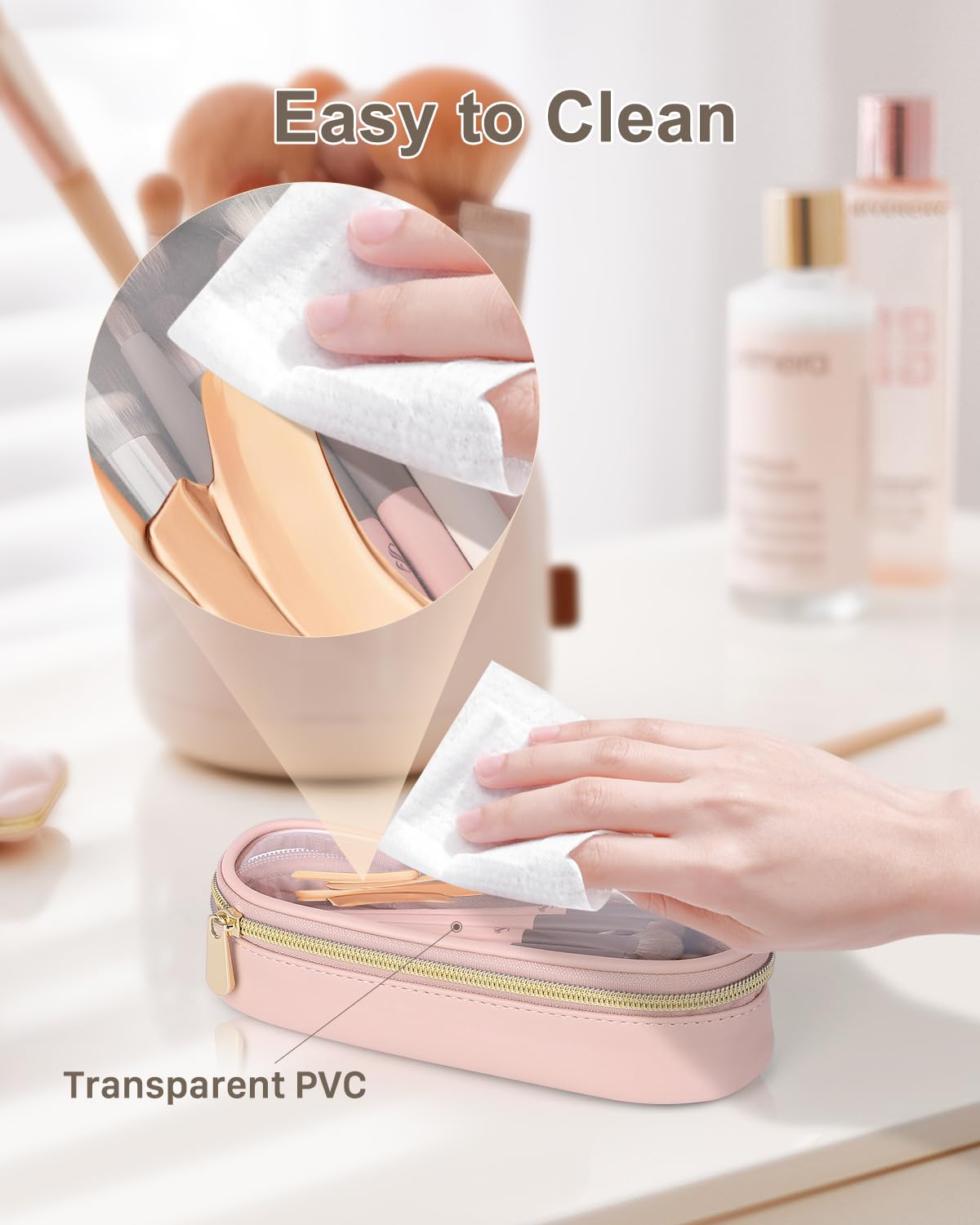 Clear Travel Makeup Brush Holder - Waterproof Leather Cosmetic Case for On-the-Go Beauty