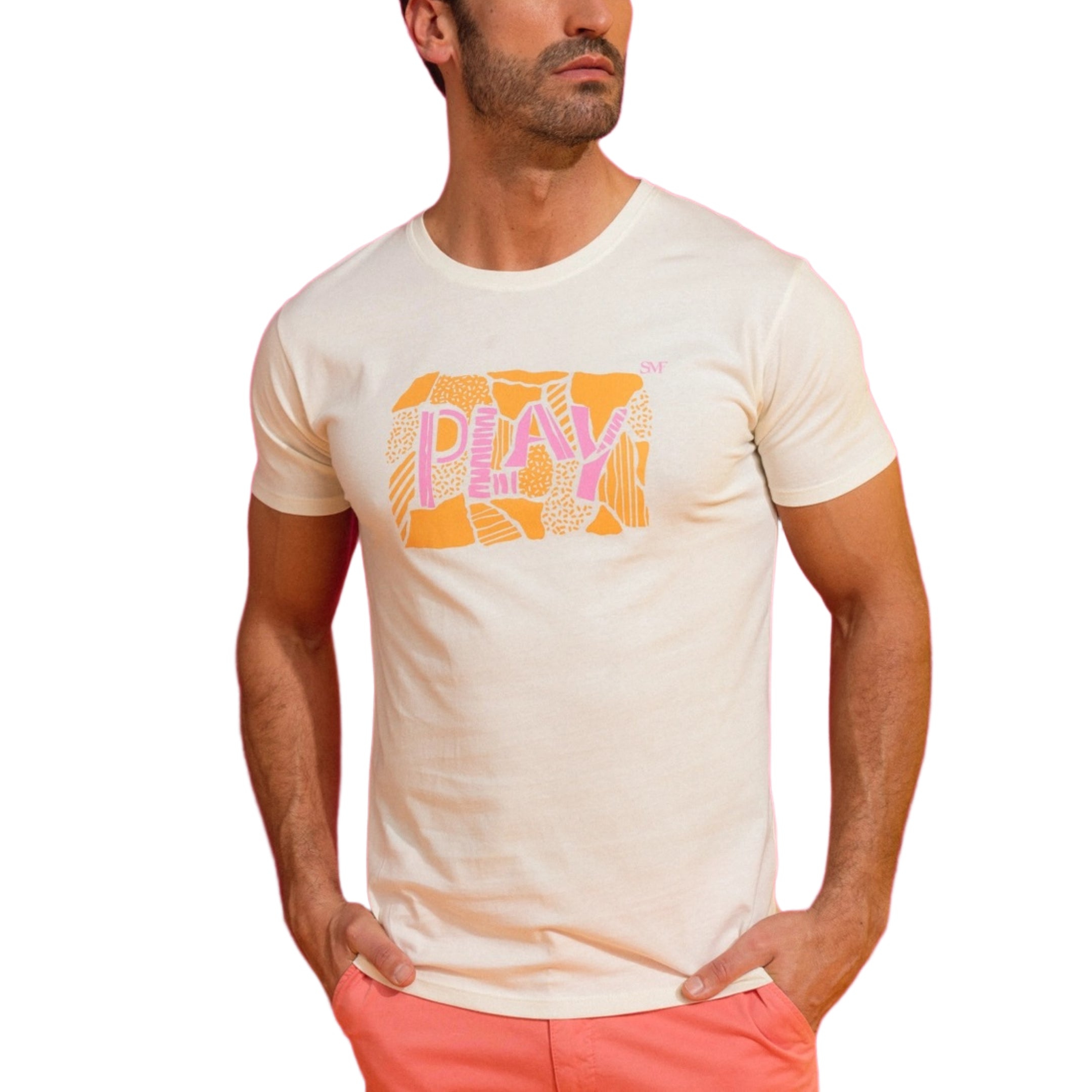 SMF Play Slim Fit Cotton T-Shirt for Men - Soft Breathable Pearl White Tee - Casual Wear, Gym, Lounge & Everyday Outfits