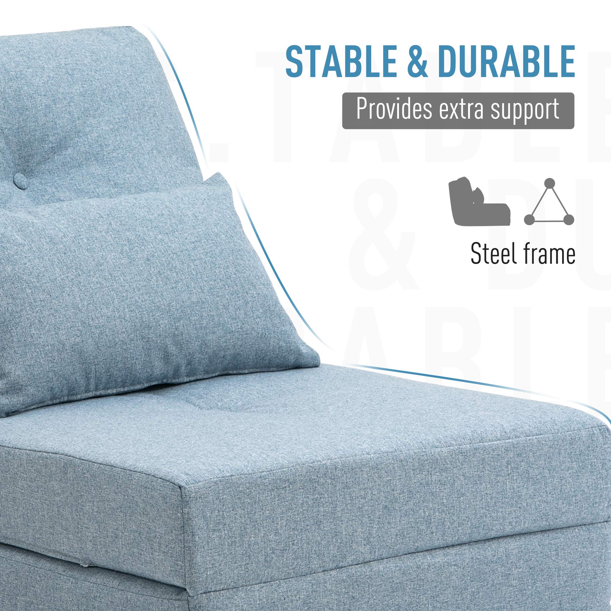HOMCOM Convertible Flip Chair to Sofa Bed, Adjustable Backrest Folding Floor Lazy Couch with Metal Frame & Pillows - Blue Upholstered Furniture for Living Room, Bedroom, Small Space | Perfect for Lounging, Napping & Guest Sleeping