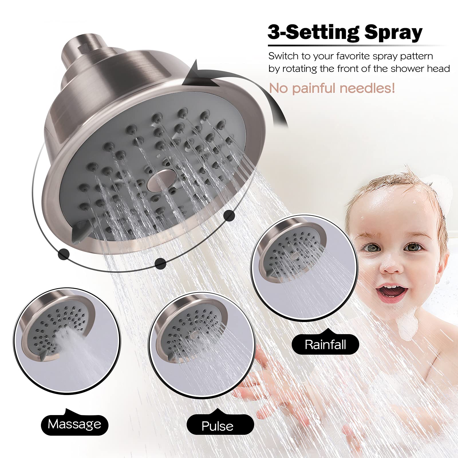 Double Shower Head with Shut-Off Valves - High Pressure 3 Function Sprayers in Brushed Nickel - Perfect for Bathing, Water Conservation & Spa-Like Experience