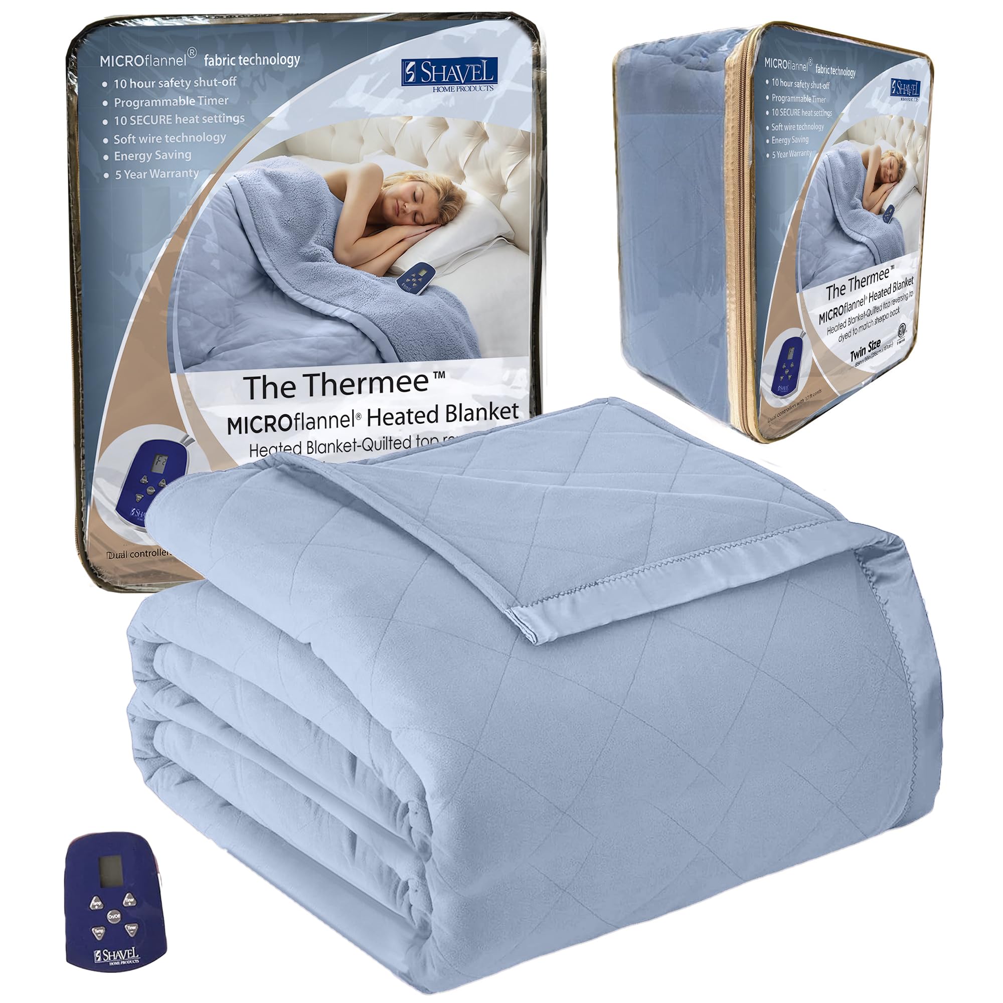 Thermee Micro Flannel Twin Size Heated Blanket - 10 Heat Settings, Programmable Electric Warming Throw, Ultra Soft & Fast Heating Thermal Blanket for Bed, Couch & Travel - English Blue