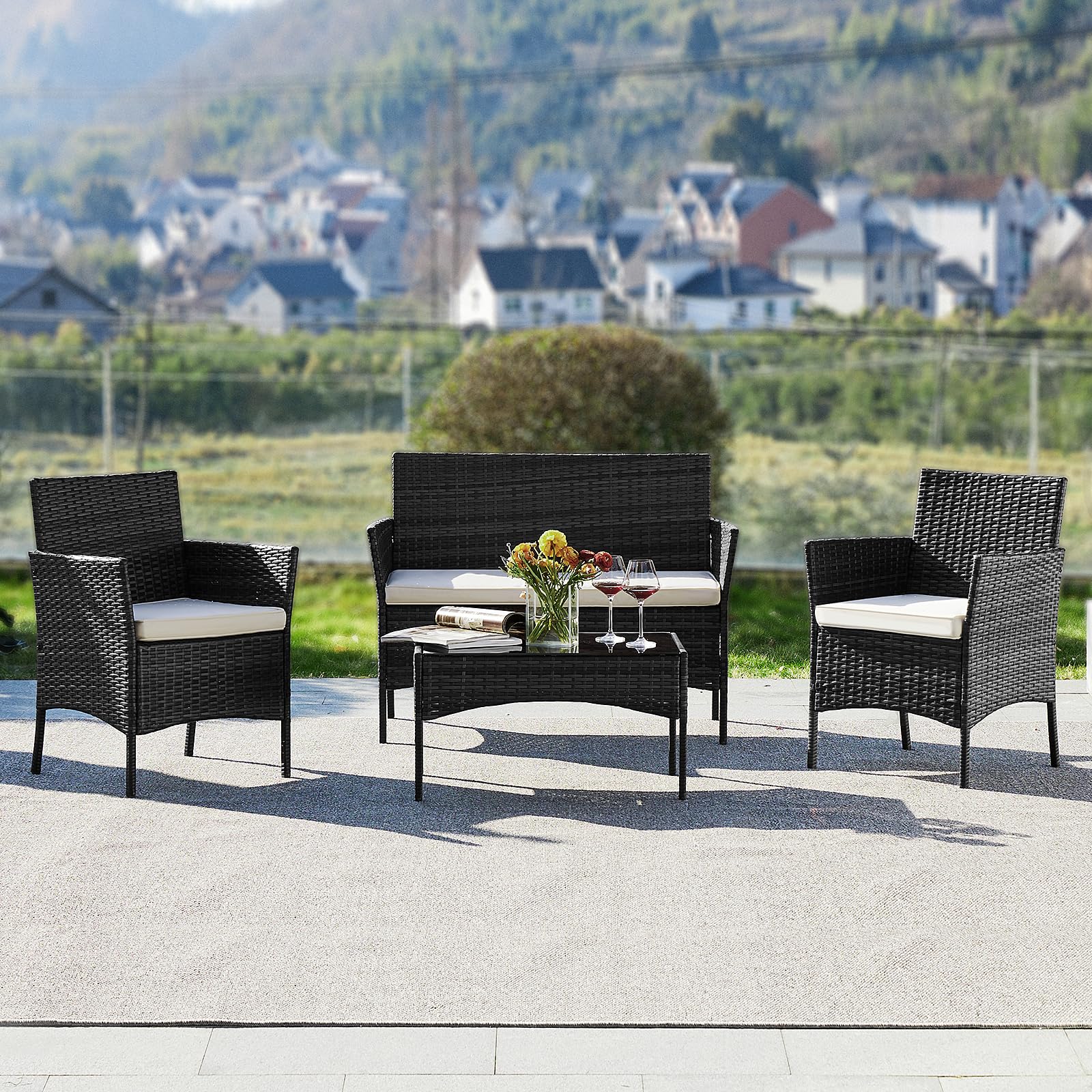 DUMOS 4-Piece Outdoor Patio Furniture Set - Modern Wicker Rattan Sofa & Coffee Table Conversation Set for Garden, Terrace, Porch, Balcony - Weather-Resistant Black & Beige Design | Perfect for Backyard Relaxation, Poolside Lounging & Outdoor Entertaining