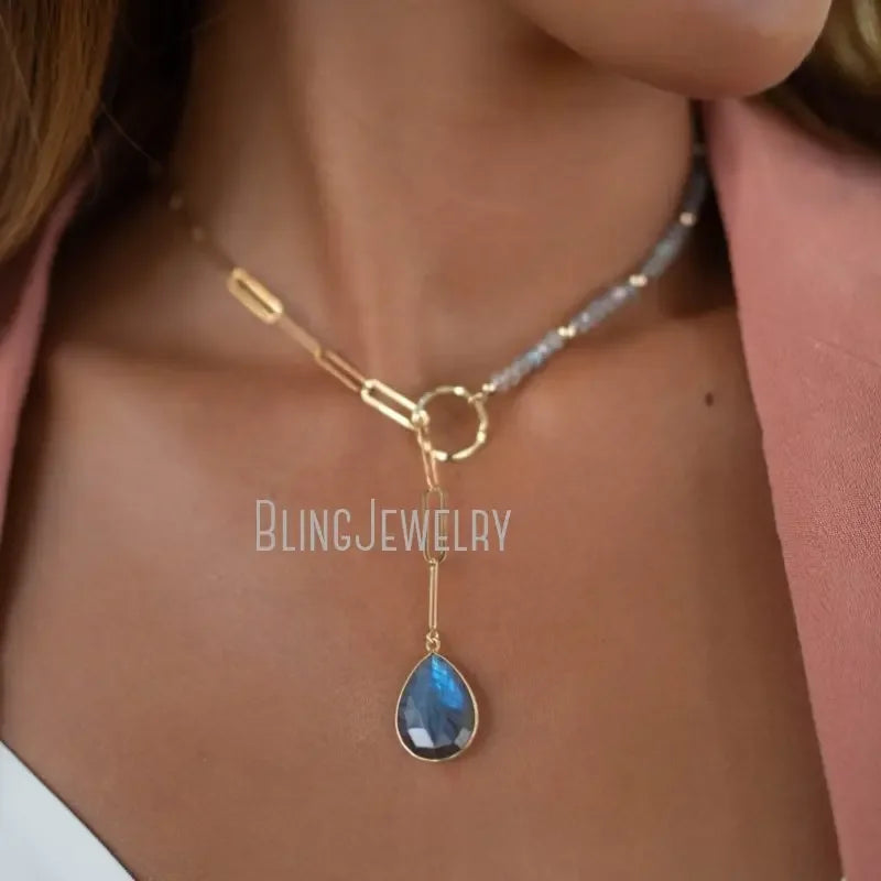 10pcs Labradorite Moonstone Amethyst Tear Drop Lariat Necklace for Women - Elegant Stone Chain Choker Statement Jewelry for Bridesmaid, Gift & Everyday Wear | Boho Chic, Wedding & Party Accessories
