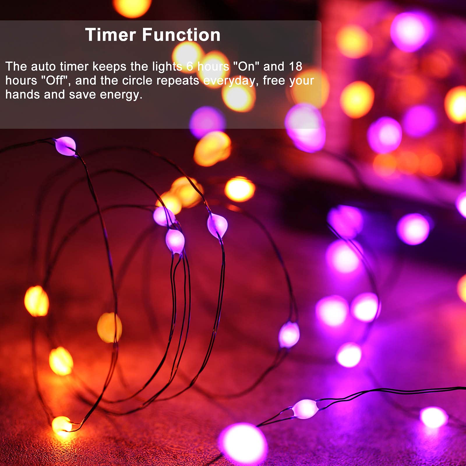 Lomotech Orange Purple Halloween Fairy Lights - 2 Pack 16.4ft 50 LED Battery Operated String Lights with Timer & 8 Modes | Waterproof Twinkle Lights for Halloween Party Decorations, Outdoor Decor, Christmas Tree, Bedroom, Garden & Wedding Decor (Black Wire)
