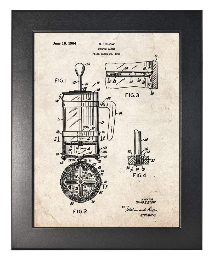 Vintage Coffee Maker Patent Art Print - 8.5x11 Inch Black Wood Frame Wall Decor - Perfect for Kitchen, Office & Cafe Decor