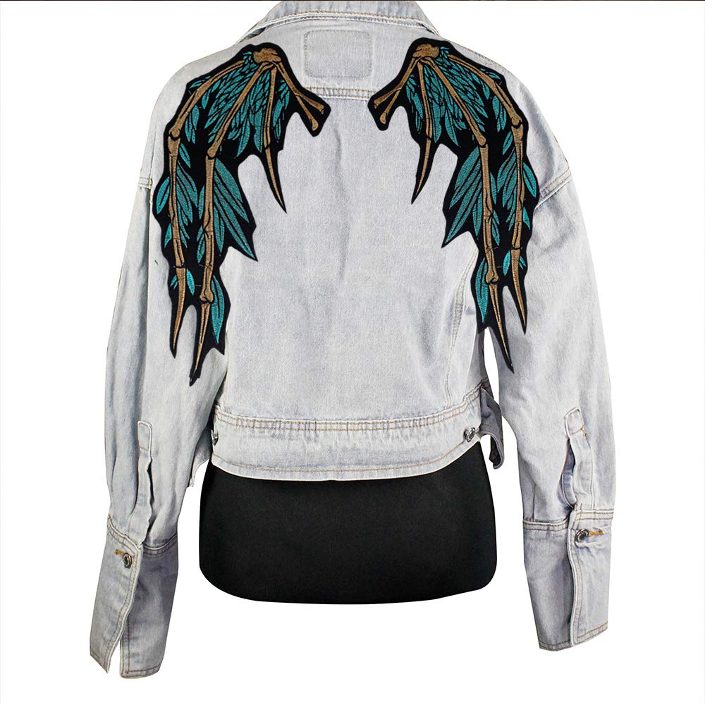 1 Pair Green Silver 3D Feather Wing Iron-On Patches for Sweaters, Jackets & Clothes - DIY Applique Stickers for Wedding Costumes, Cosplay & Fashion Upgrades