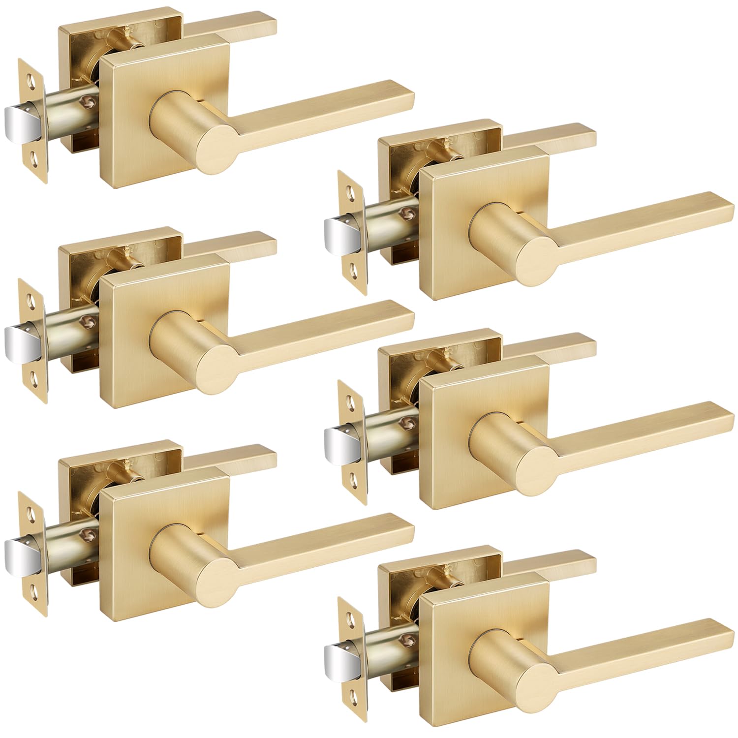 EHOMEWARE 6-Pack Satin Brass Door Handles - Gold Finish Interior Door Knobs, Heavy Duty Keyless Passage Levers for Hallway Closet & Bedroom Doors - Modern Hardware for Home & Office Upgrade