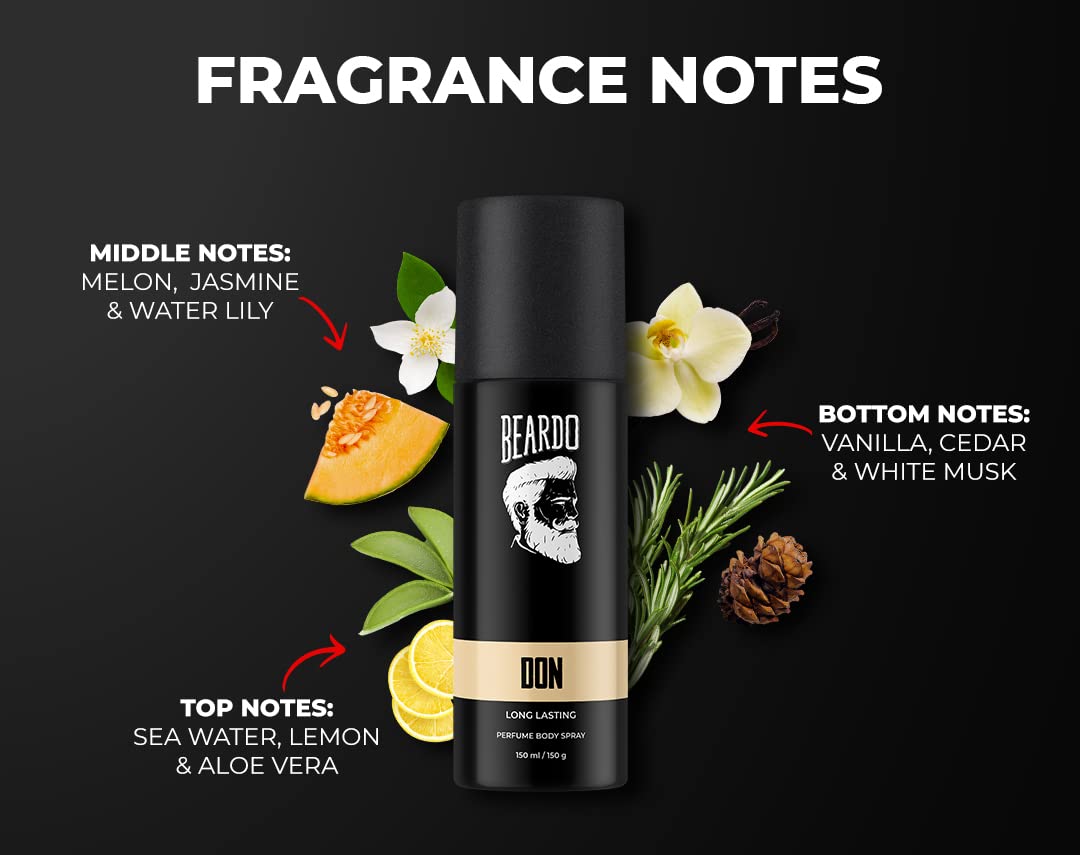 Beardo DON Long Lasting Perfume Deodorant for Men - 150ml Fresh Scent Body Spray | All-Day Protection & Fragrance | Perfect Gift for Christmas, Birthdays & Special Occasions | Ideal for Office, Gym & Date Nights