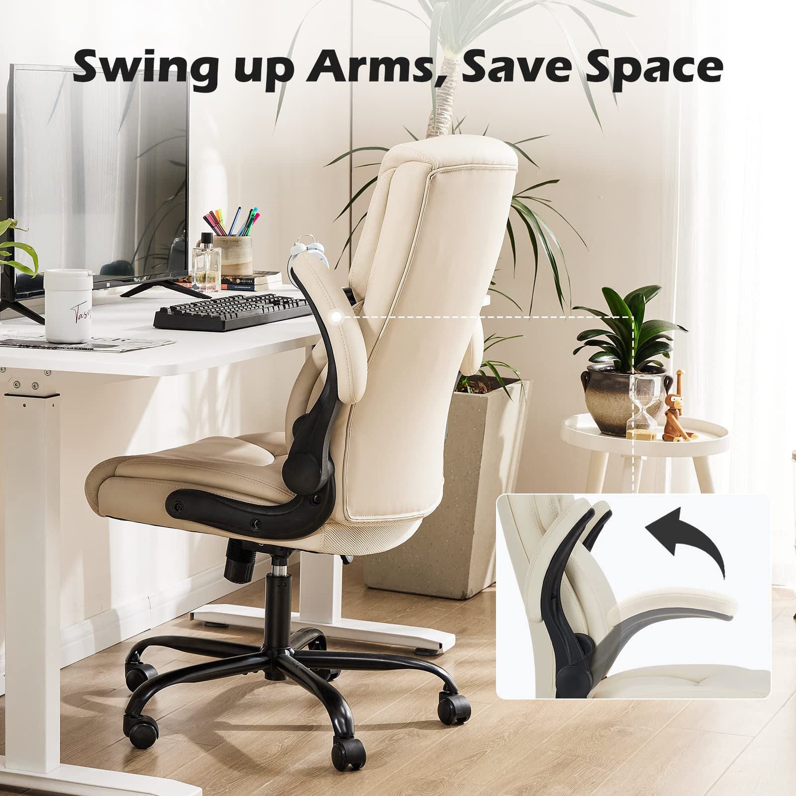 Ergonomic Executive Office Chair with Adjustable Flip-Up Armrests & Lumbar Support - Swivel Computer Desk Chair with Strong Metal Base & PU Leather (White) - Perfect for Home Office, Gaming, and Workspaces