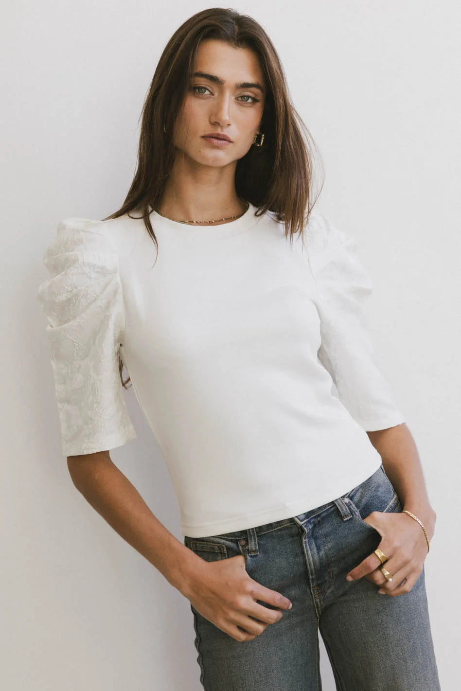Andrea Mixed Media Top in Cream - Women's Fashion Blouse for Casual & Office Wear - FINAL SALE