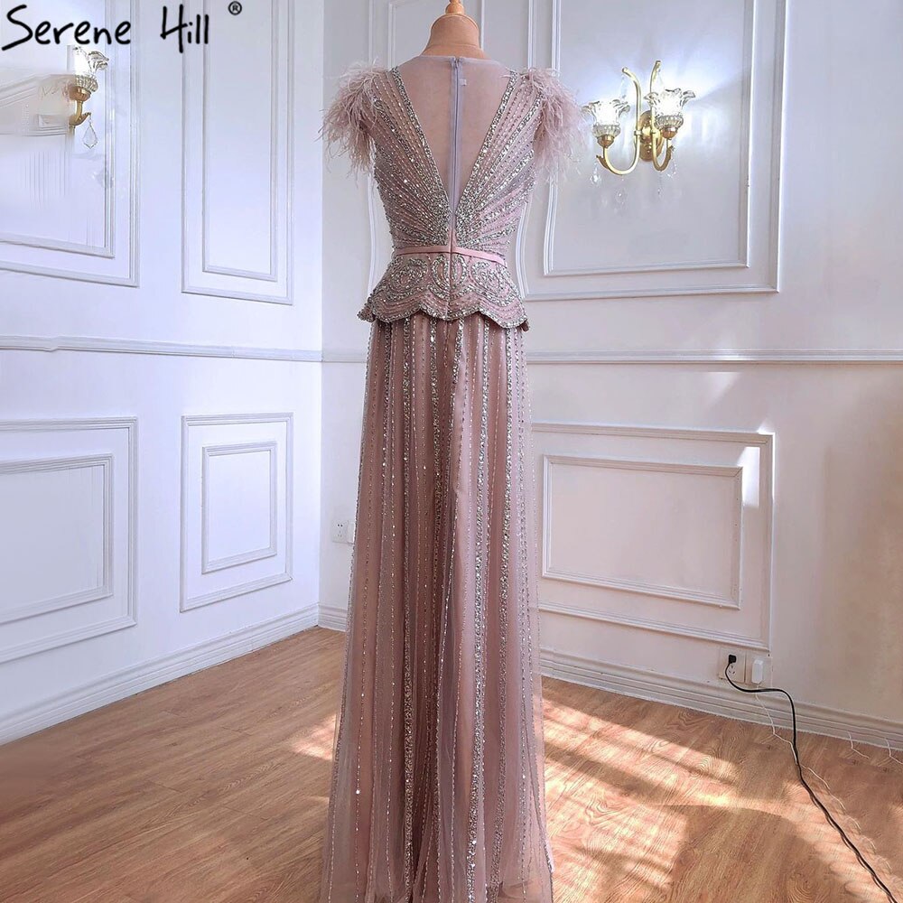 Serene Hill Women's Pink Luxury Evening Dresses with Beading & Feathers - A-Line Formal Gown for Parties, Prom, Weddings 2025 Collection LA70929