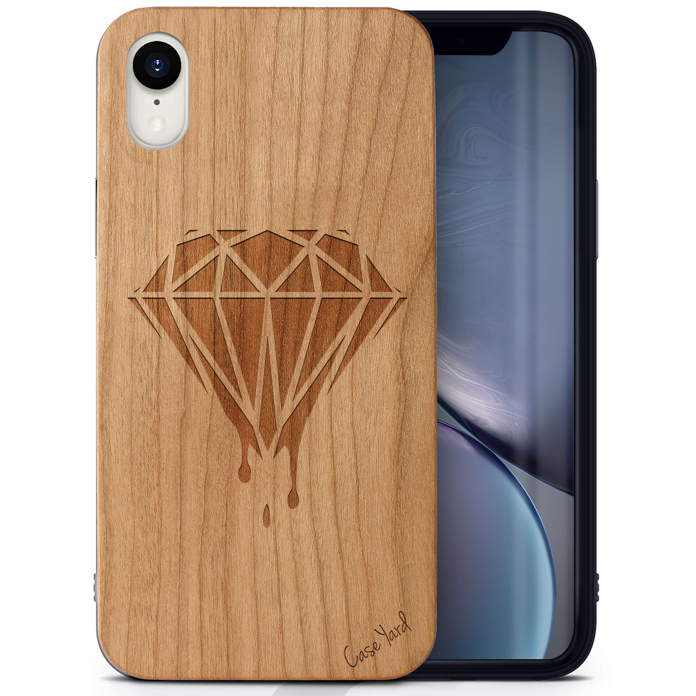CaseYard Wood Phone Case for iPhone XR - Laser Engraved Dripping Diamond Design Cherry Wood Cover | Shockproof Slim Fit Protective Case for Men & Women | Perfect for Outdoor, Travel & Everyday Use