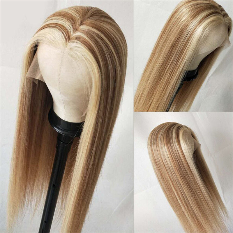 Eullair P8/613 Piano Highlights Body Wave 13×4 Lace Frontal Wig - Brown with Blonde Highlights Straight Human Hair Wig for Women | Perfect for Daily Wear, Parties & Special Occasions