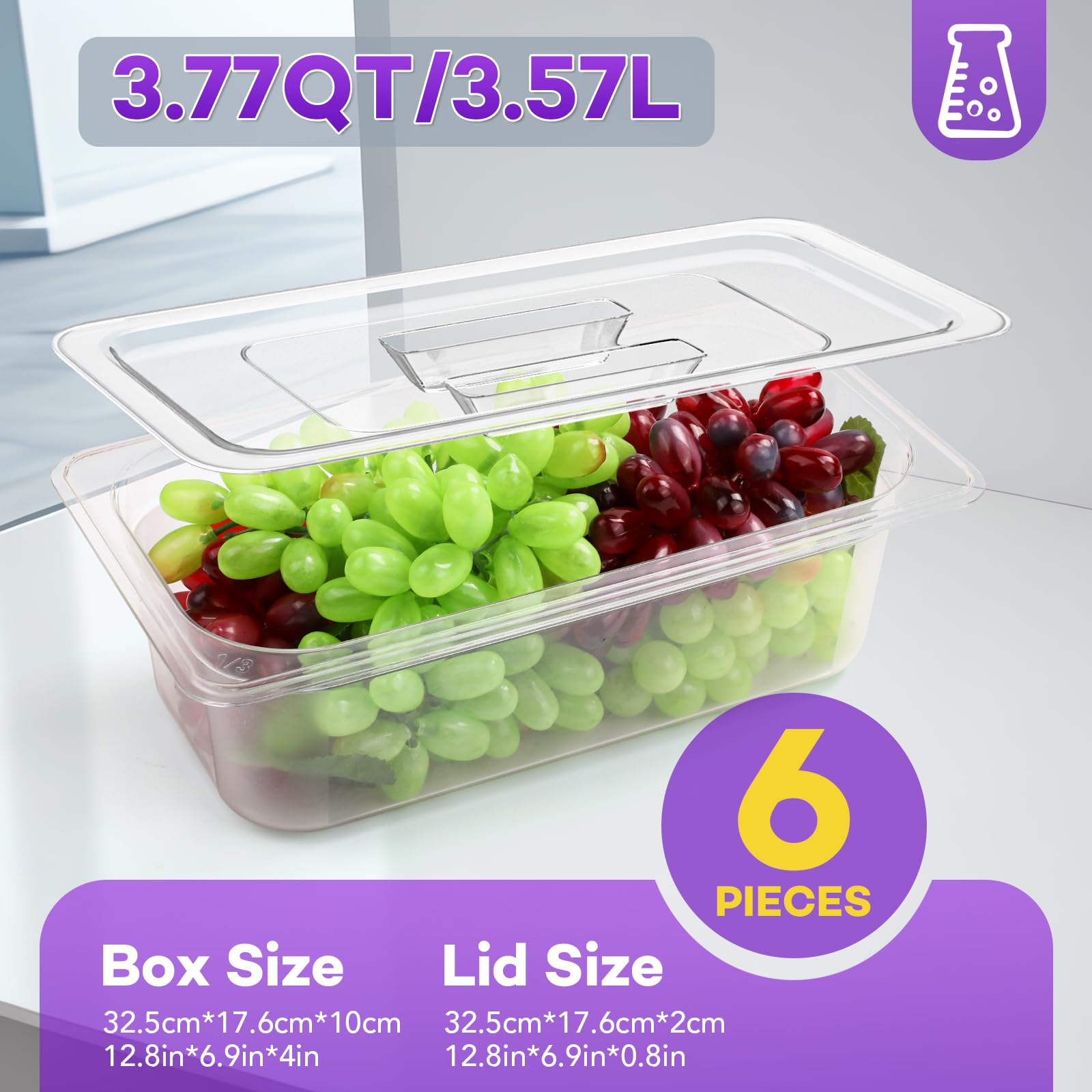 VOISEN 6-Pack 1/3 Size Food Storage Containers with Lids - Clear Polycarbonate for Fridge, Salad, Fruits & Vegetables