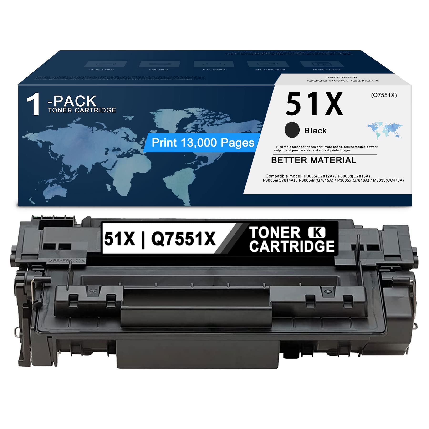 MOLIMER 1 Pack 51X | Q7551X Black Toner Cartridge Replacement for HP 51X Q7551X M3035xs P3005 P3005d P3005x M3035 M3027 M3027x Printers - High Yield 13,000 Pages - Perfect for Office & Home Printing Needs