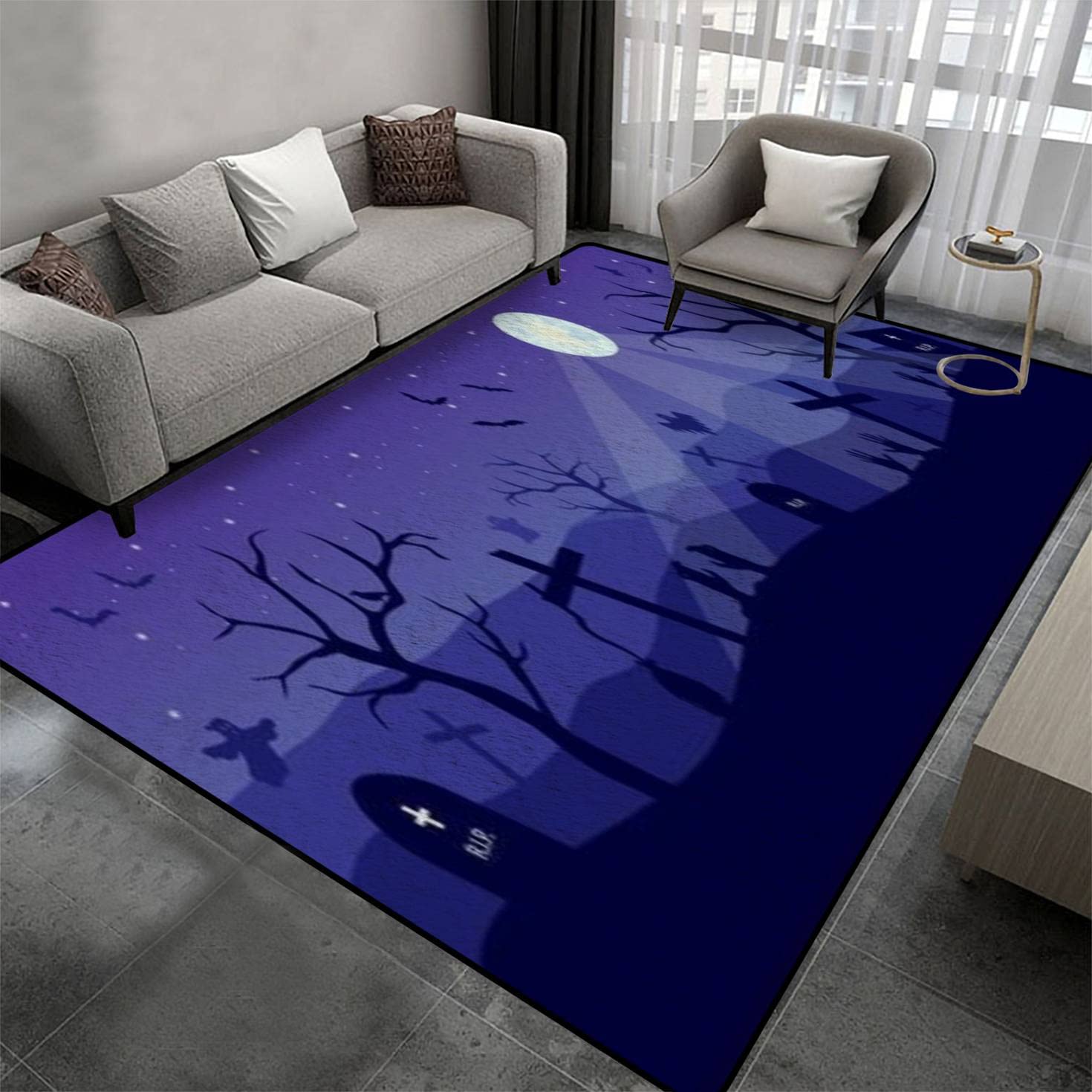Spooky Halloween Banner with Ghosts & Bats - Non-Slip Scary Cemetery Area Rug, Soft Fluffy Throw Mat for Indoor/Outdoor Use - Perfect for Living Room, Nursery, Yoga Mats, Front Door Decor & Seasonal Home Decor