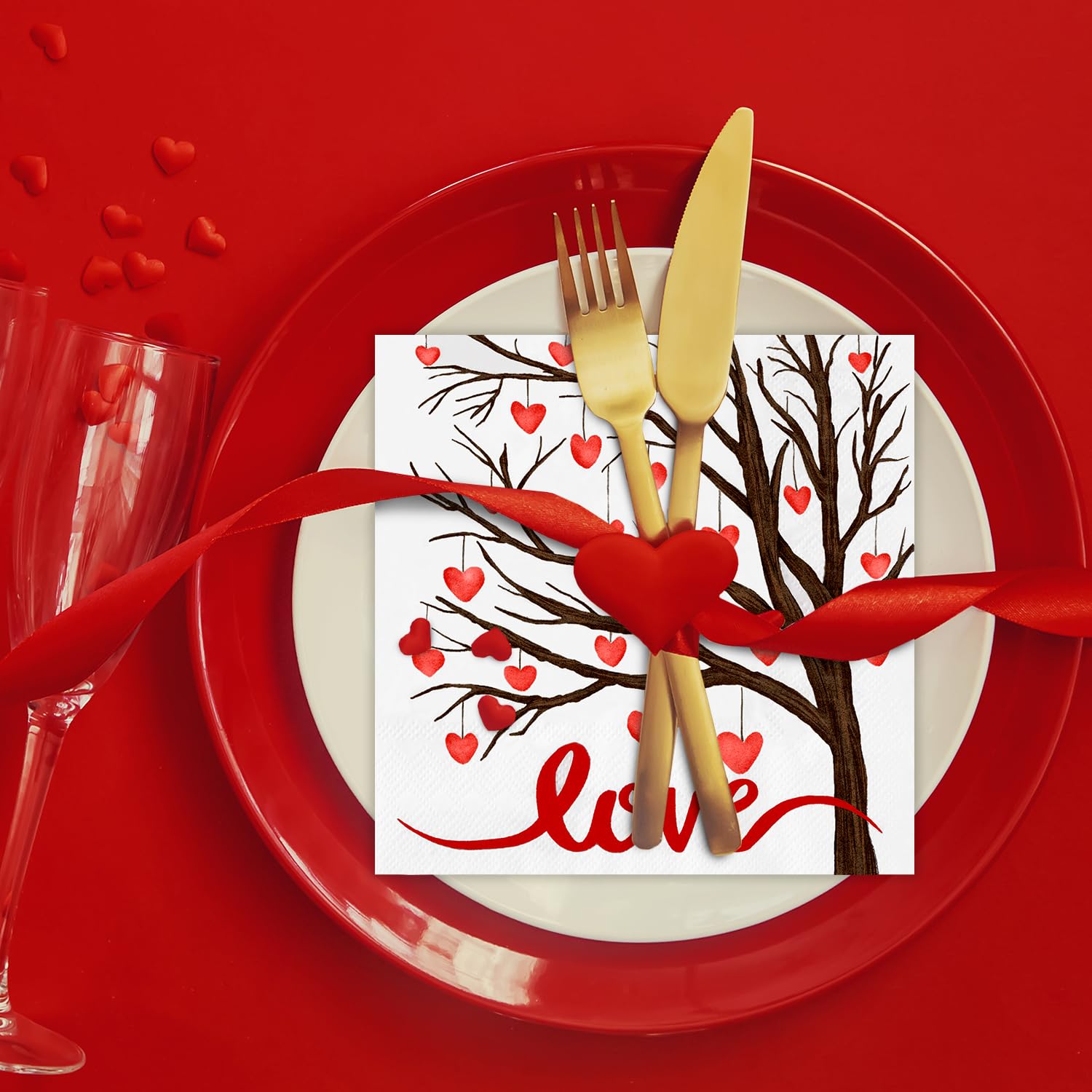 50 Pack Heart Disposable Paper Napkins - Decorative Guest & Beverage Napkins for Valentine's Day, Cocktail Parties, Weddings & Romantic Events - Quera Love Heart Tree Design Party Supplies