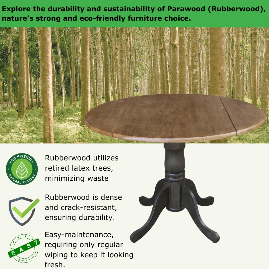 42 Inch Dual Drop Leaf Dining Table - Solid Hickory & Washed Coal Finish - Expandable Space-Saving Design for Small Kitchens, Apartments, and Dining Rooms