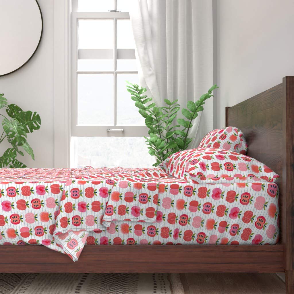 100% Cotton Twin Sheet Set 3pc - Pink Lady Notebook Stripe Fruit Watercolor Print | Soft Breathable Bedding for Back to School, Autumn Decor & Teacher Gifts | Kitchen & Food Themed Custom Bedding