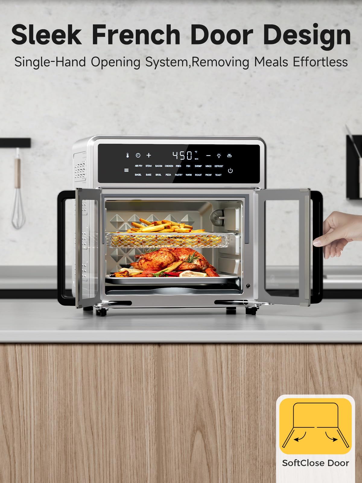 15.8QT Air Fryer Toaster Oven Combo with French Door - 18 Presets, Preheat & Interior Light - Includes Air Fryer Basket, Wire Rack, Baking Pan & Crumb Tray - Compact Stainless Steel Countertop Oven for Baking, Roasting & Healthy Air Frying